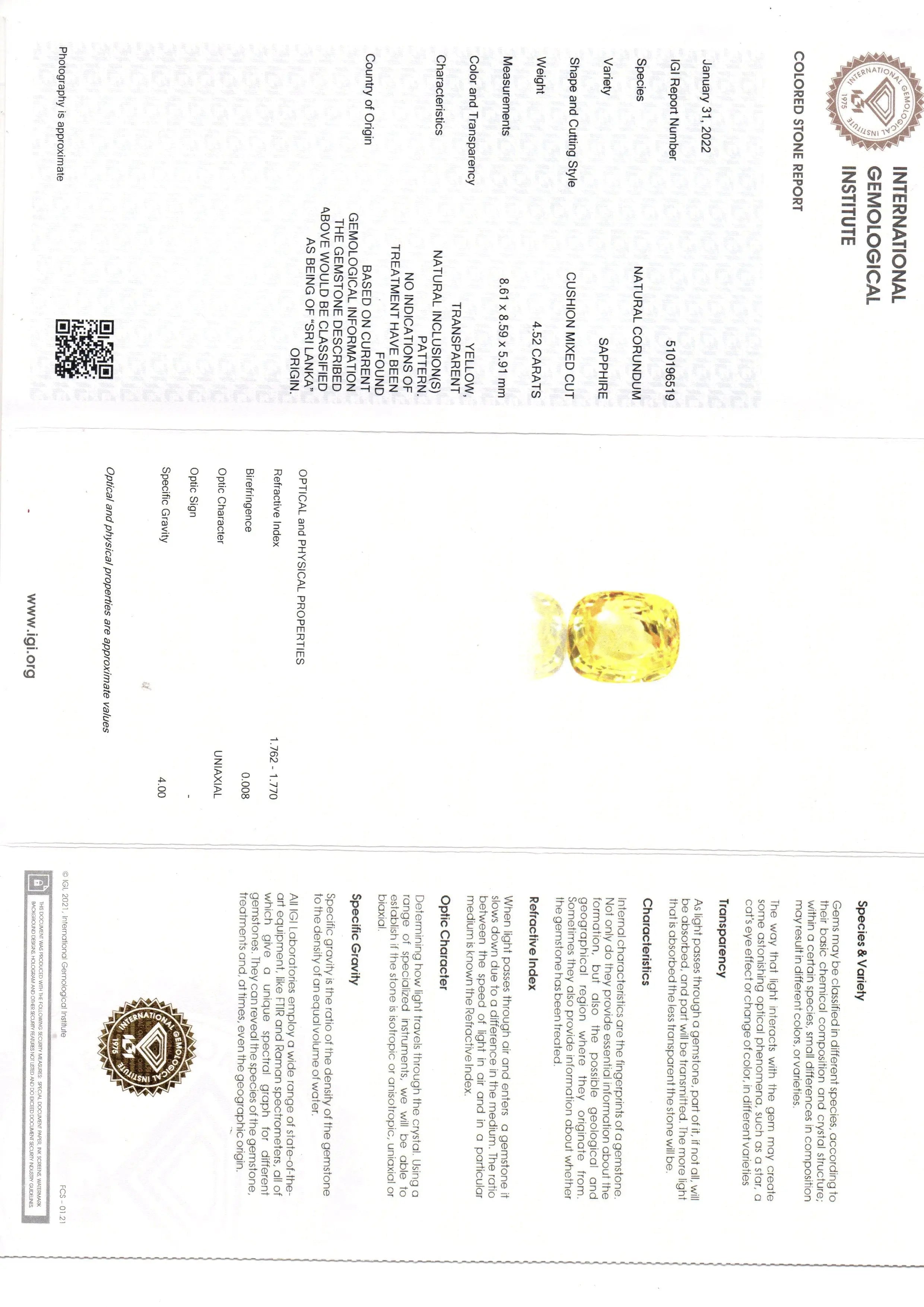 4.52 Ct IGI Certified Unheated Untreated Natural Ceylon Yellow Sapphire AAA