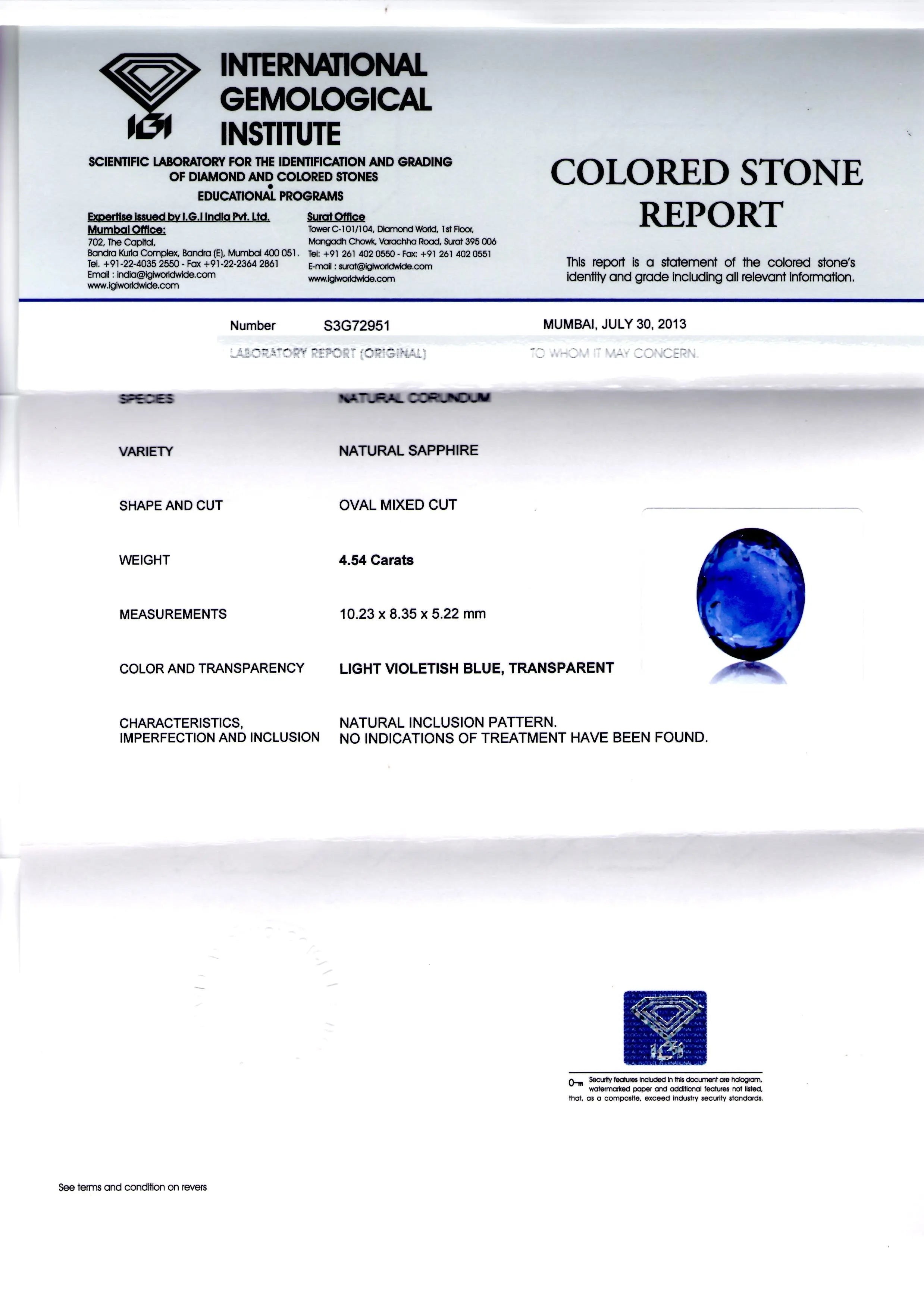 4.54 Ct IGI Certified Unheated Untreated Natural Ceylon Blue Sapphire