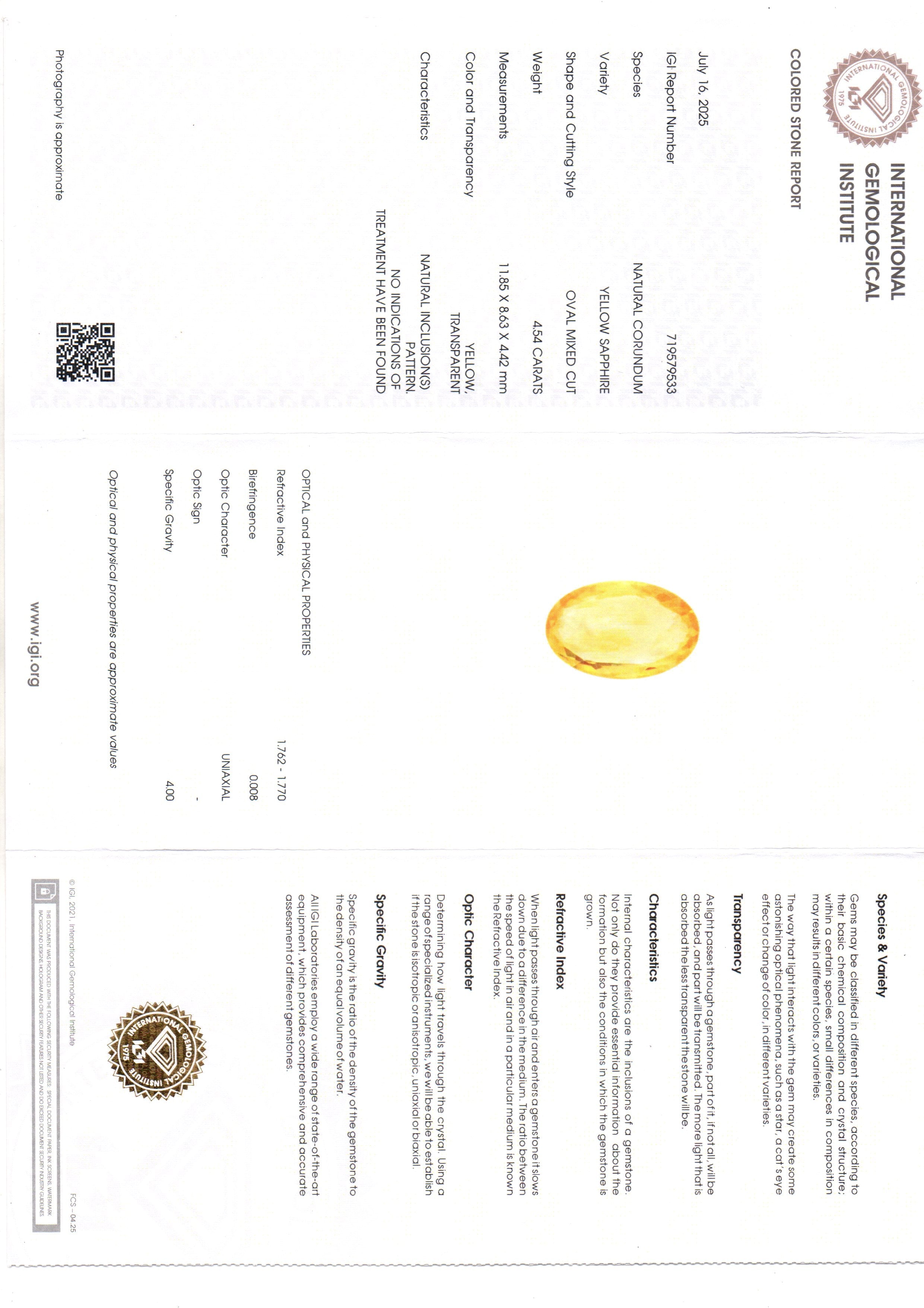 4.54 Ct IGI Certified Unheated Untreated Natural Ceylon Yellow Sapphire