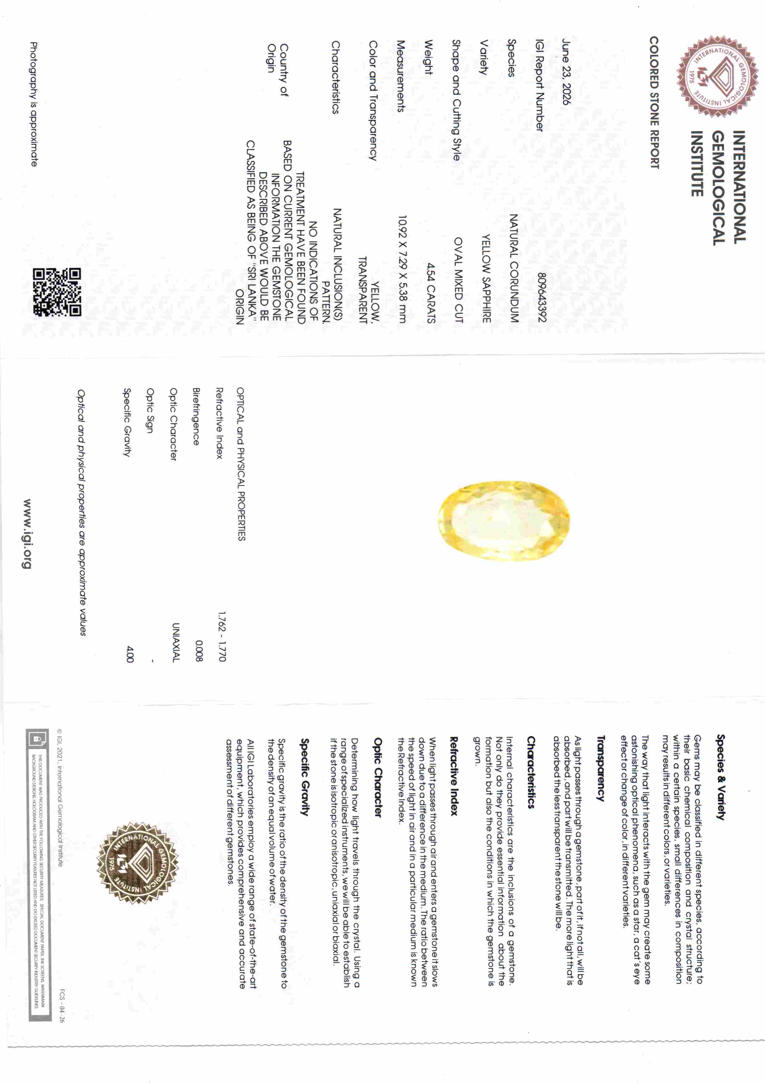 4.54 Ct IGI Certified Unheated Natural Ceylon Yellow Sapphire Pukhraj – 5 Ratti