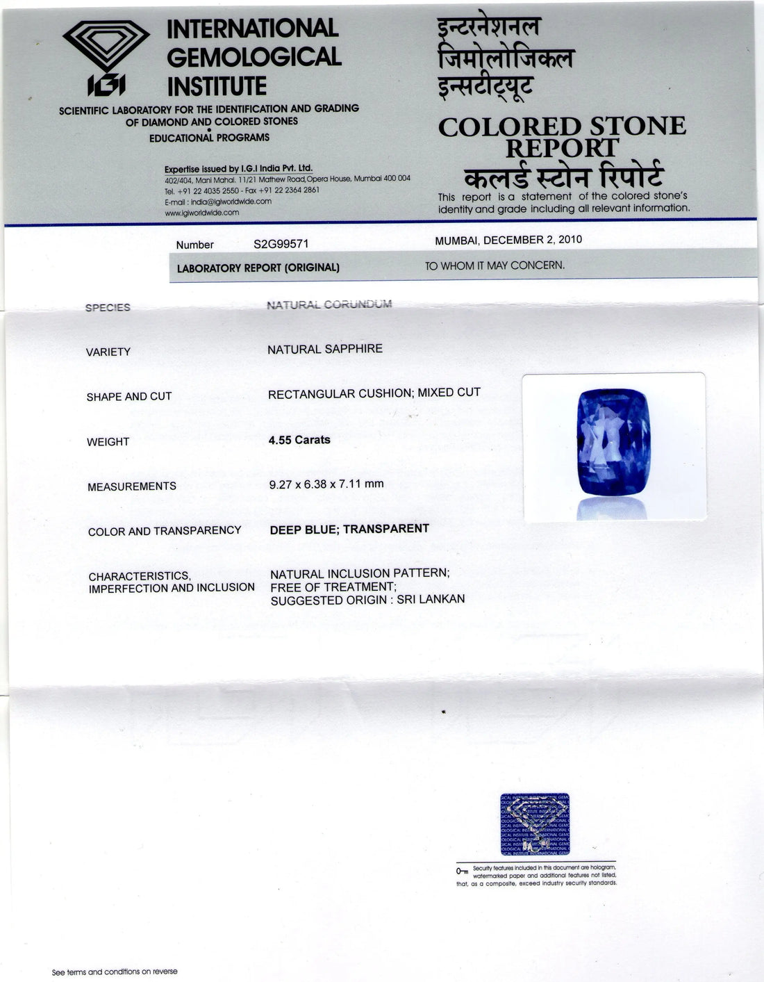4.55 Ct IGI Certified Unheated Natural Ceylon Blue Sapphire AAAA