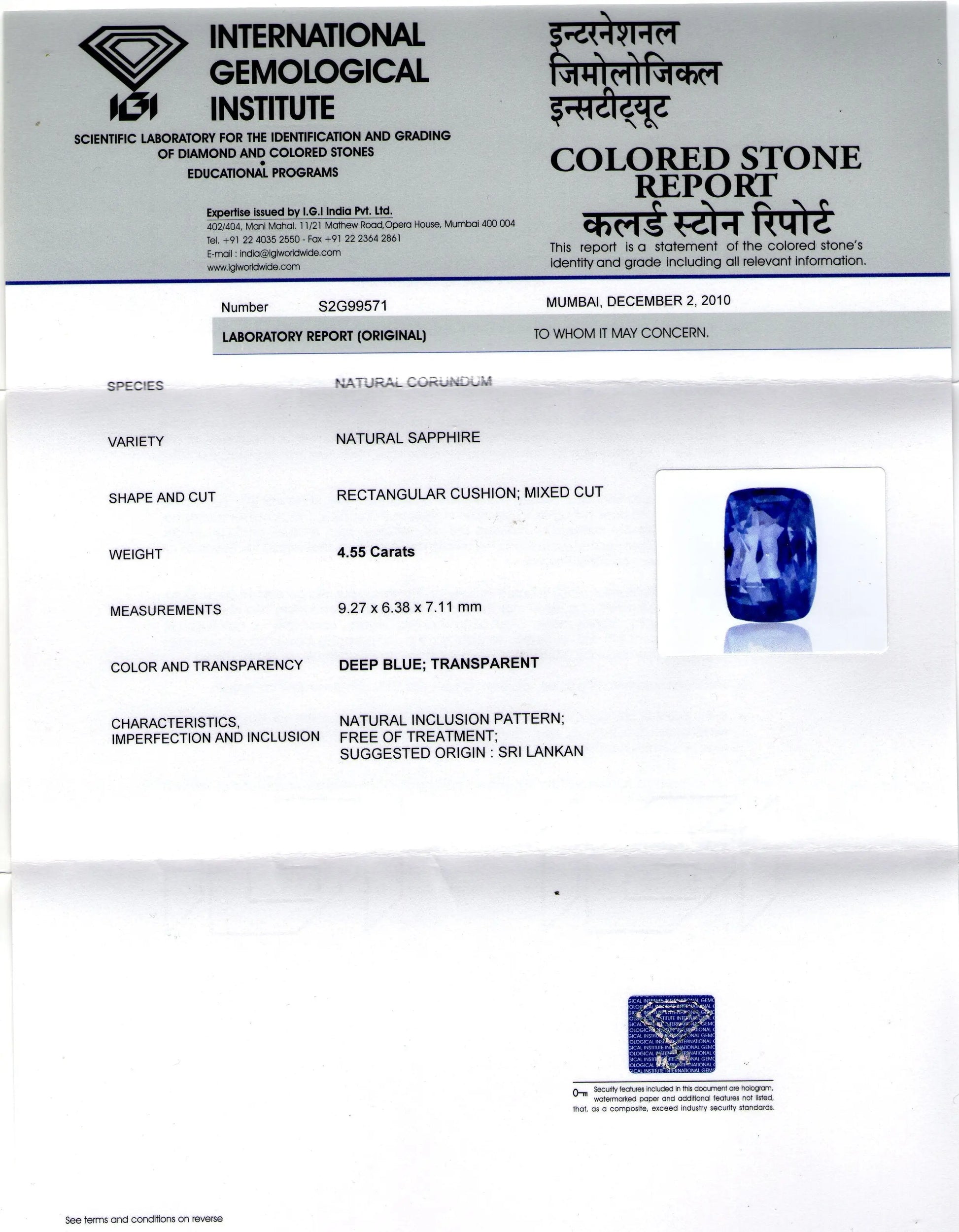 4.55 Ct IGI Certified Unheated Natural Ceylon Blue Sapphire AAAA