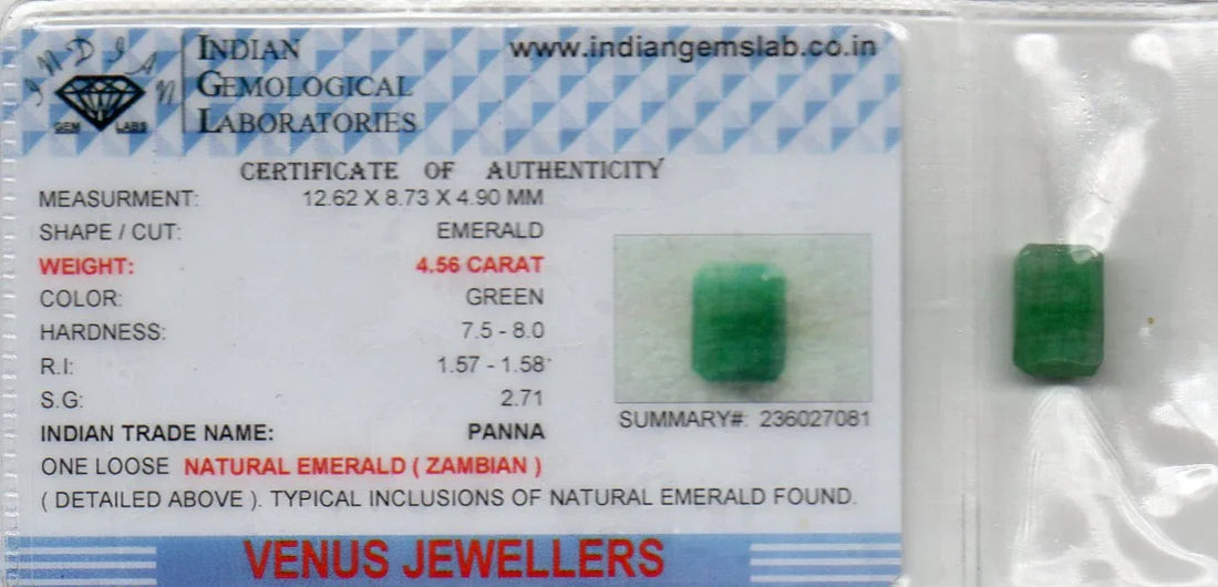 4.56 Ct Certified Untreated Natural Zambian Emerald Panna Gemstone - Venus Gems