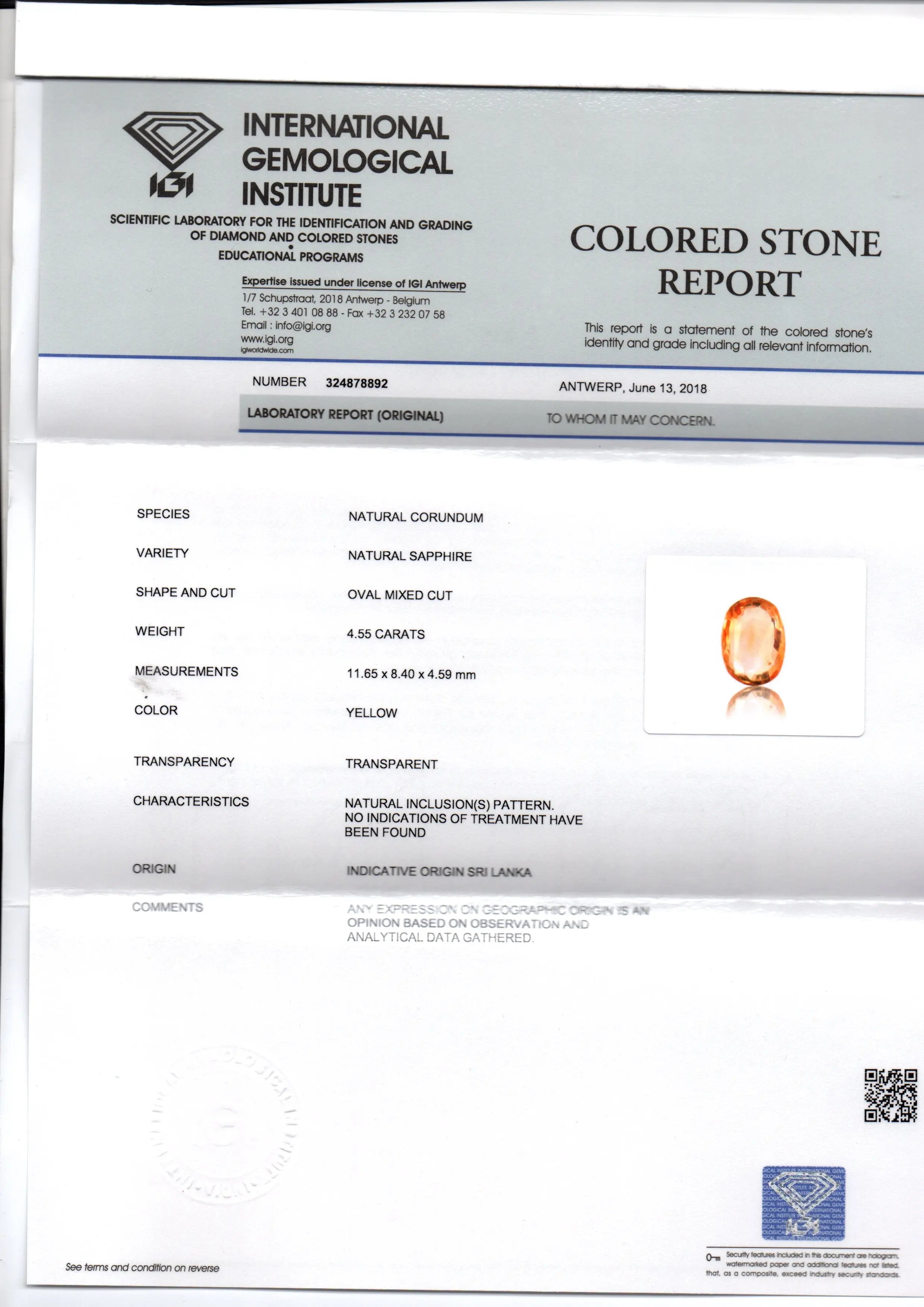 4.55 Ct IGI Certified Unheated Untreated Natural Ceylon Yellow Sapphire