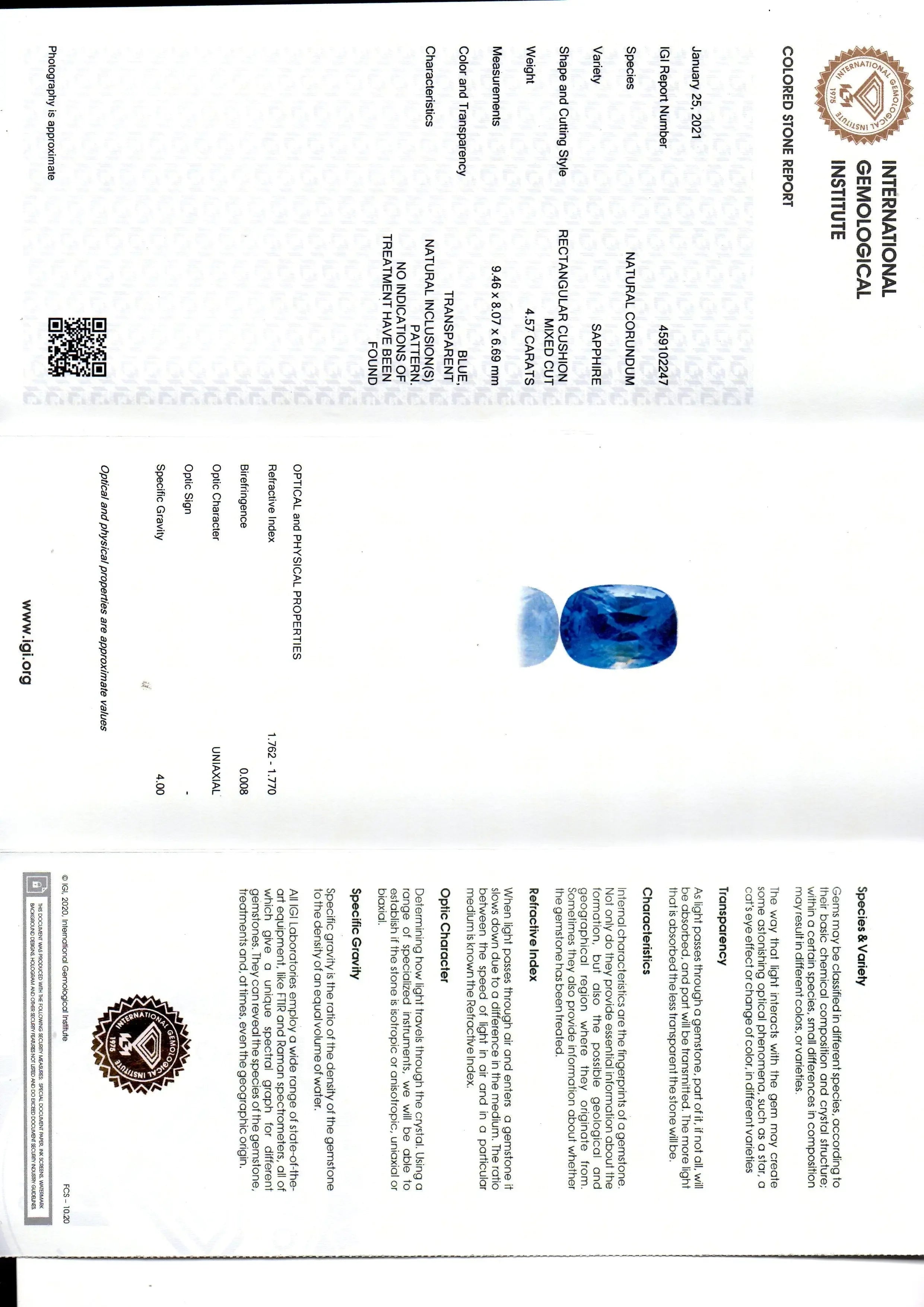 4.57 Ct IGI Certified Unheated Untreated Natural Ceylon Blue Sapphire AA - Venus Gems