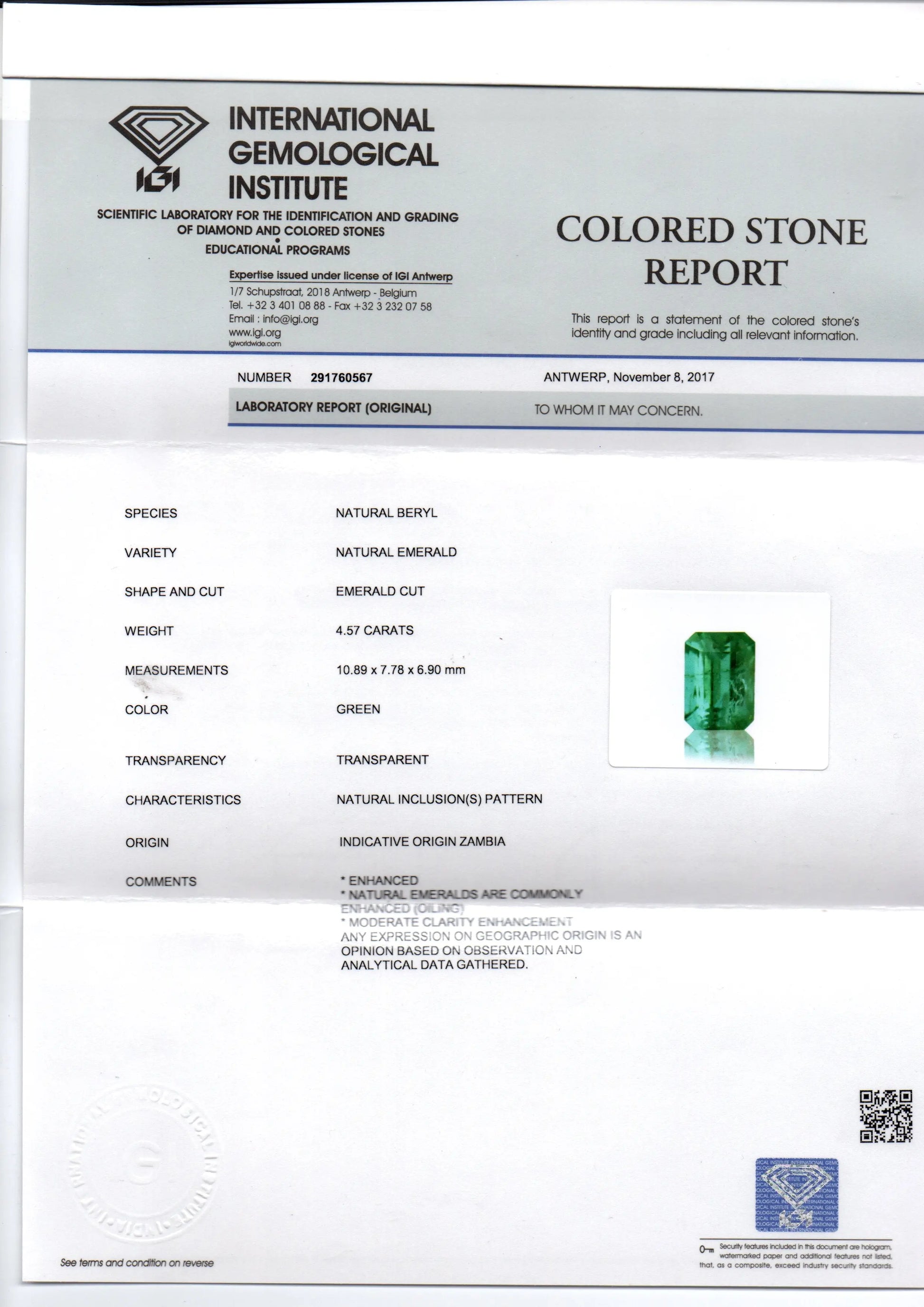 4.57 Ct Untreated Natural Zambian Emerald Gemstone Panna AA