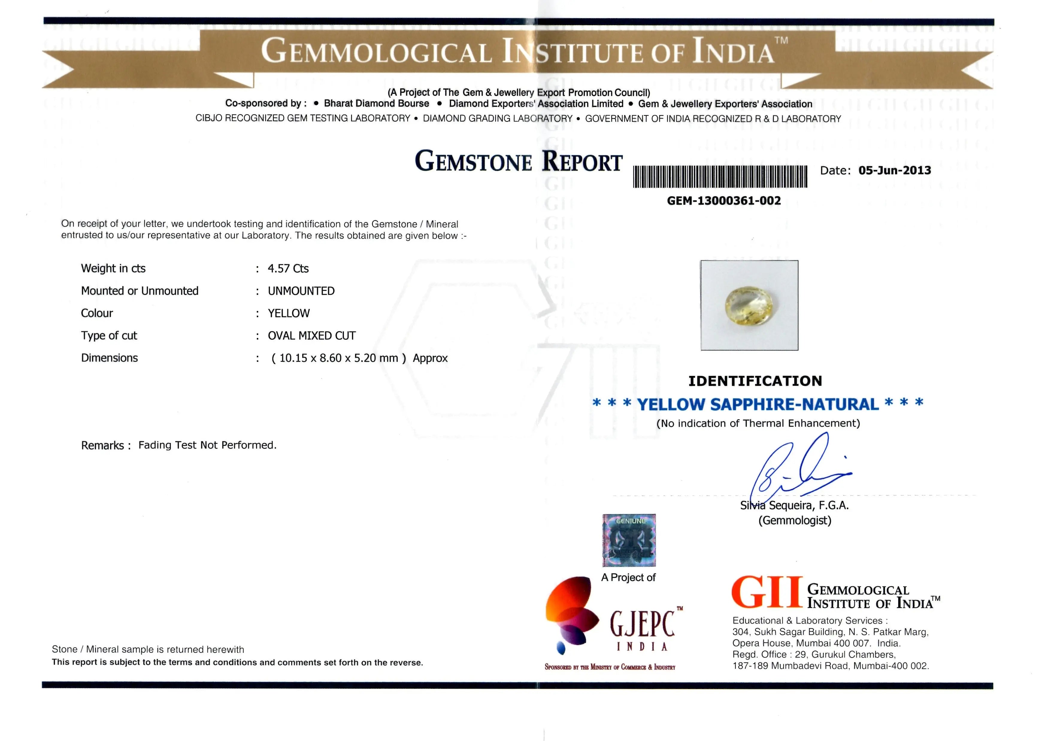 4.57 Ct Certified Unheated Untreated Natural Ceylon Yellow Sapphire AA