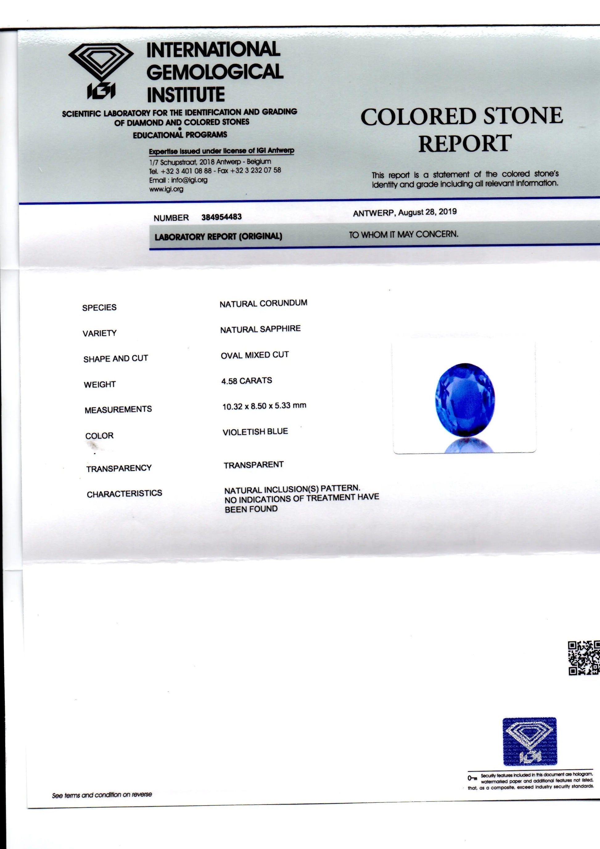 4.58 Ct IGI Certified Unheated Untreated Natural Ceylon Blue Sapphire AAA