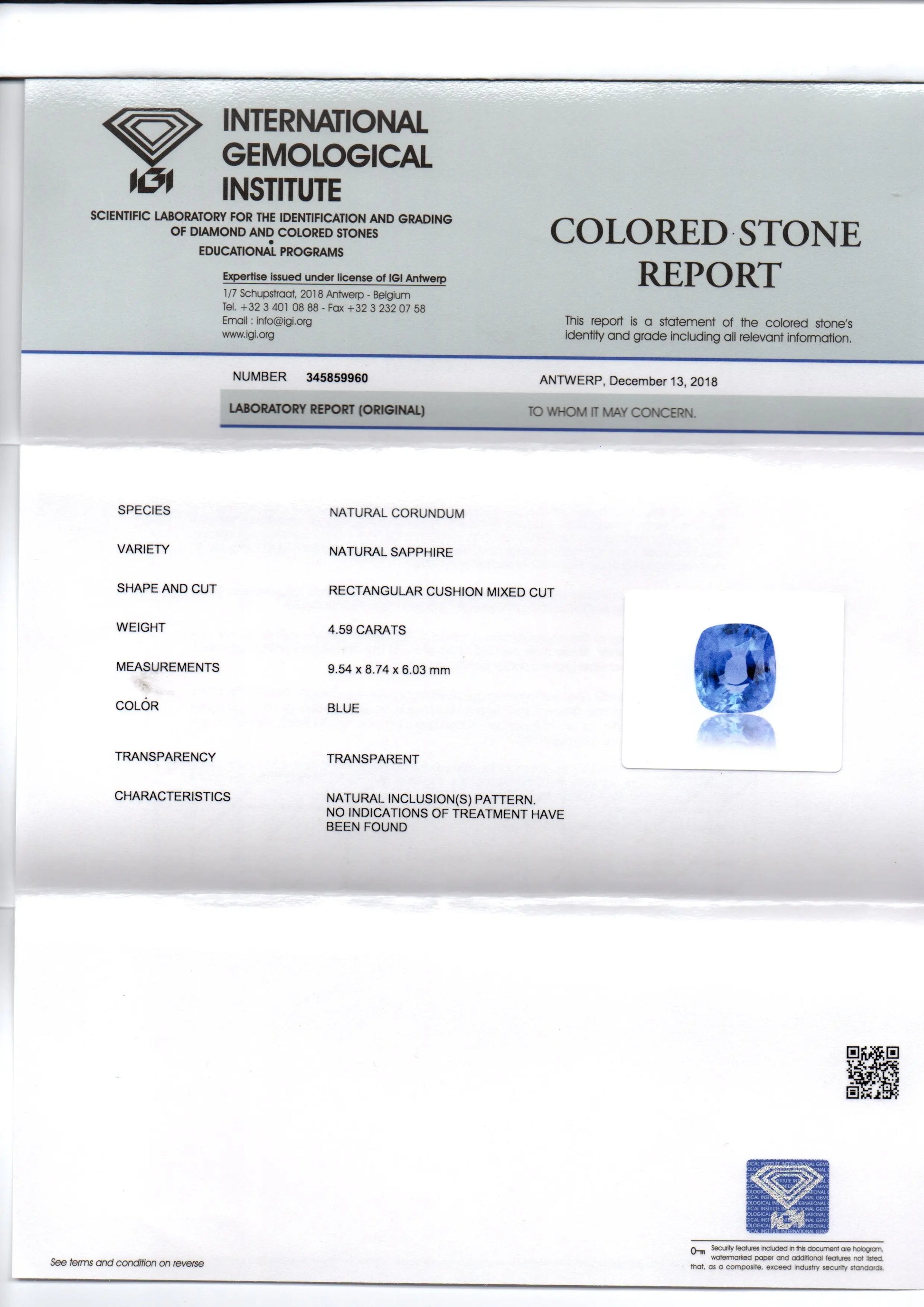 4.59 Ct IGI Certified Unheated Untreated Natural Ceylon Blue Sapphire