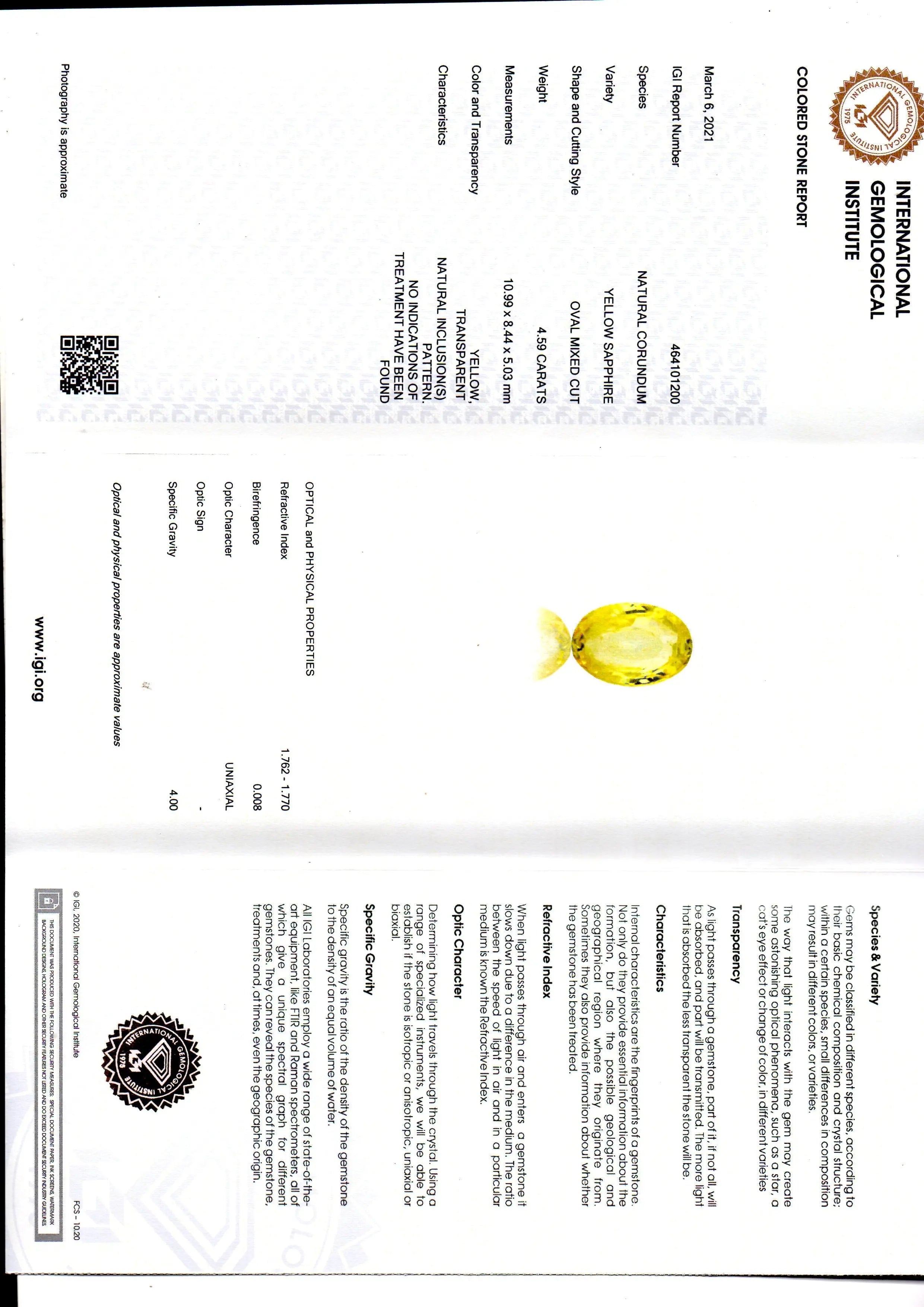 4.59 Ct IGI Certified Unheated Untreated Natural Ceylon Yellow Sapphire