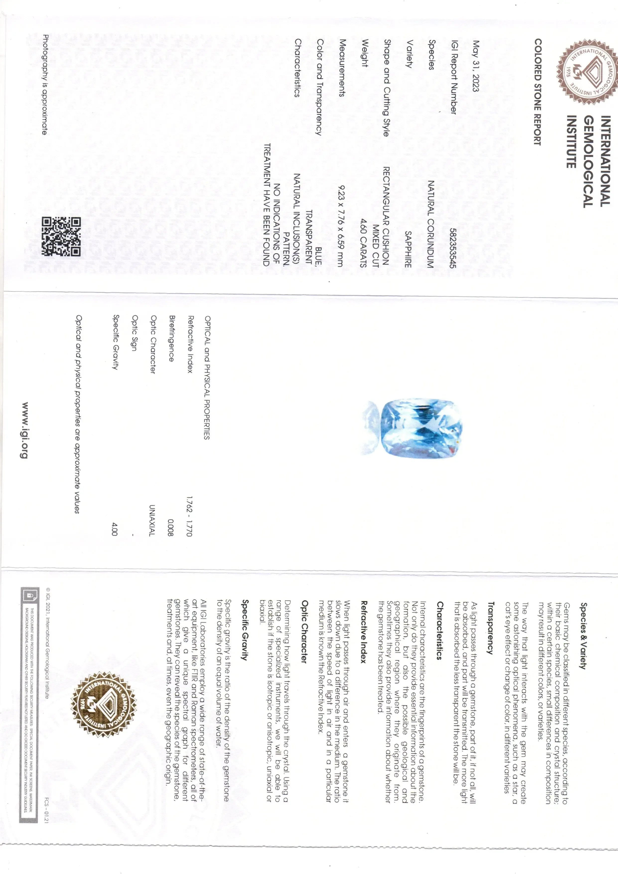 4.60 Ct IGI Certified Unheated Untreated Natural Ceylon Blue Sapphire - Venus Gems