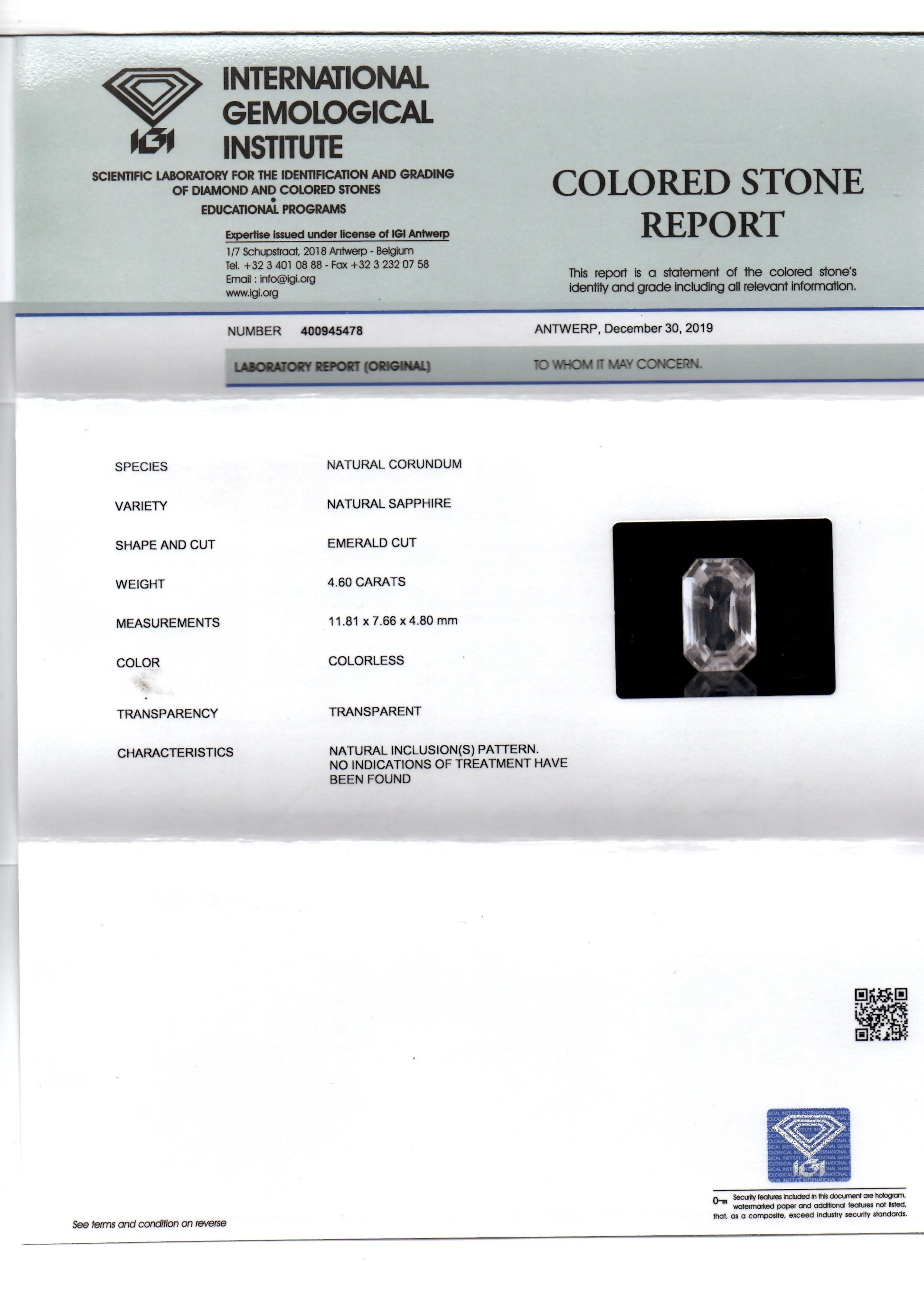 4.60 Ct IGI Certified Unheated Untreated Natural Ceylon White Sapphire AAA