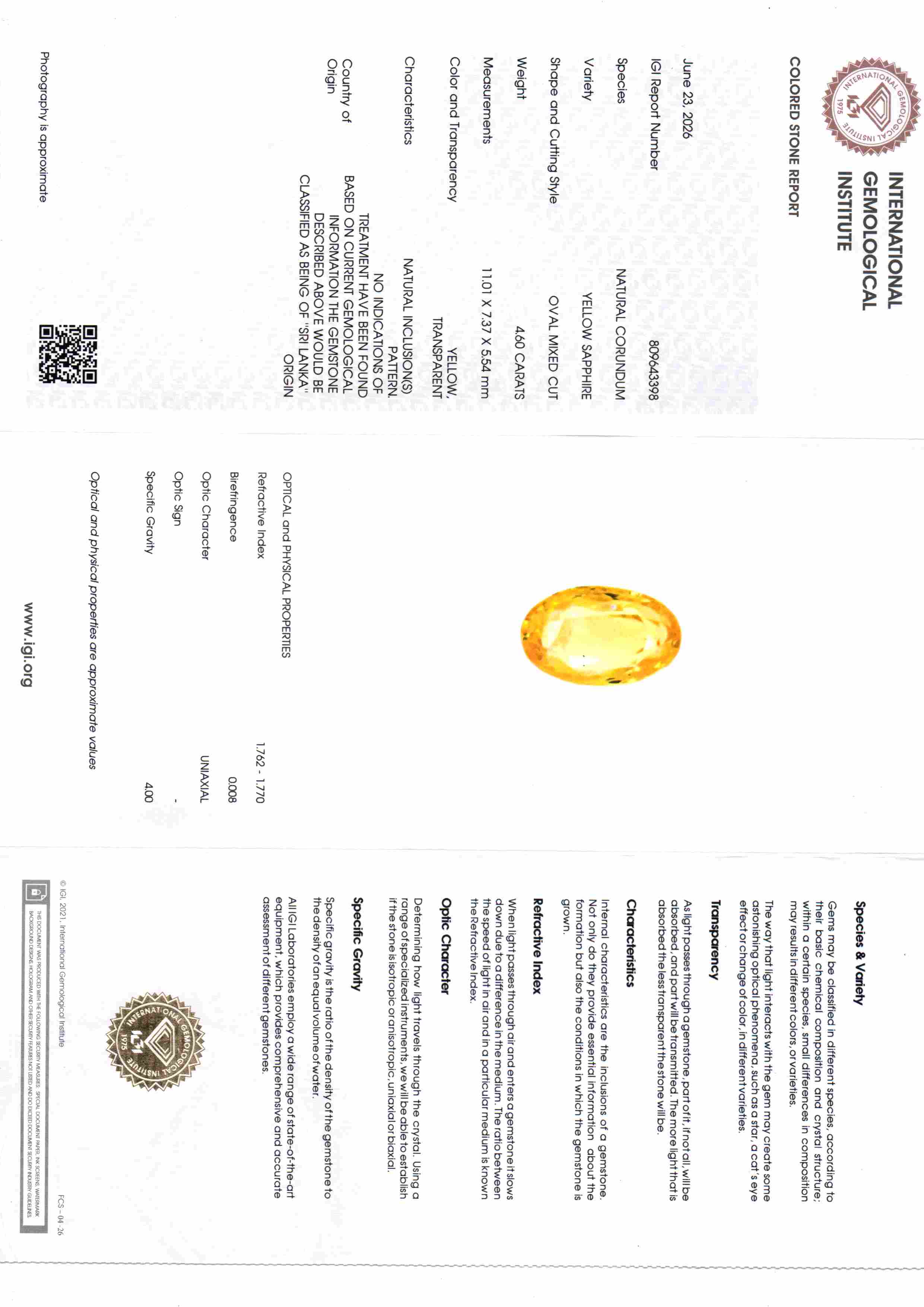 4.60 Ct IGI Certified Unheated Natural Ceylon Yellow Sapphire Pukhraj – 5.05 Ratti