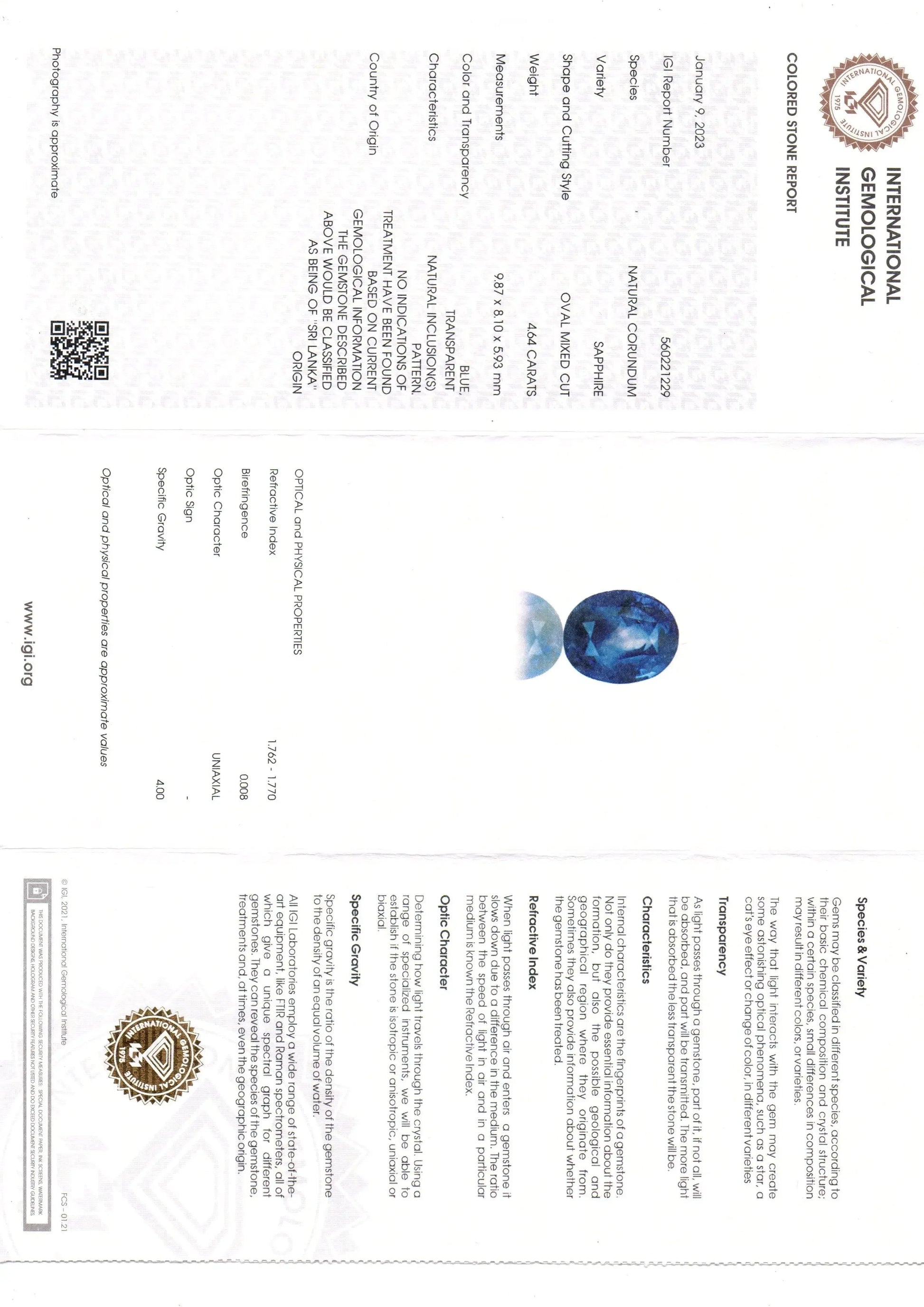 4.64 Ct IGI Certified Unheaated Untreated Natural Ceylon Blue Sapphire AA - Venus Gems