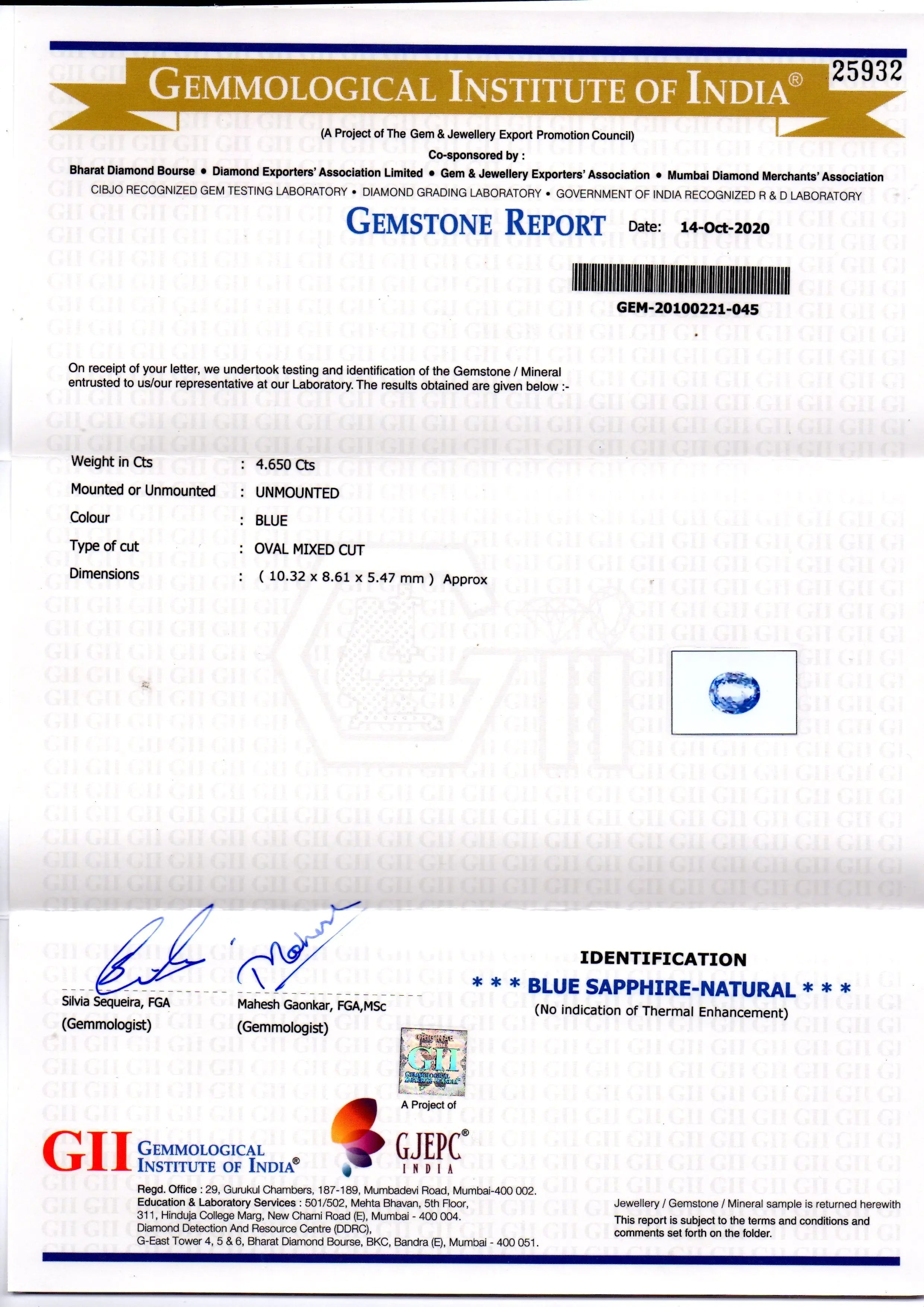 4.65 Ct GII Certified Unheated Untreated Natural Ceylon Blue Sapphire