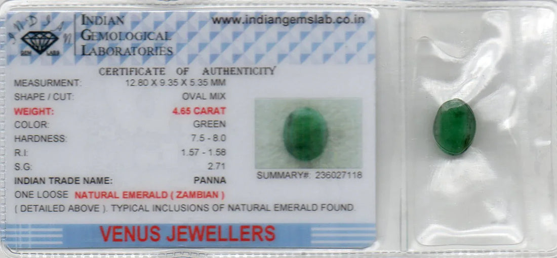 4.65 Ct Certified Untreated Natural Zambian Emerald Panna Gemstone - Venus Gems