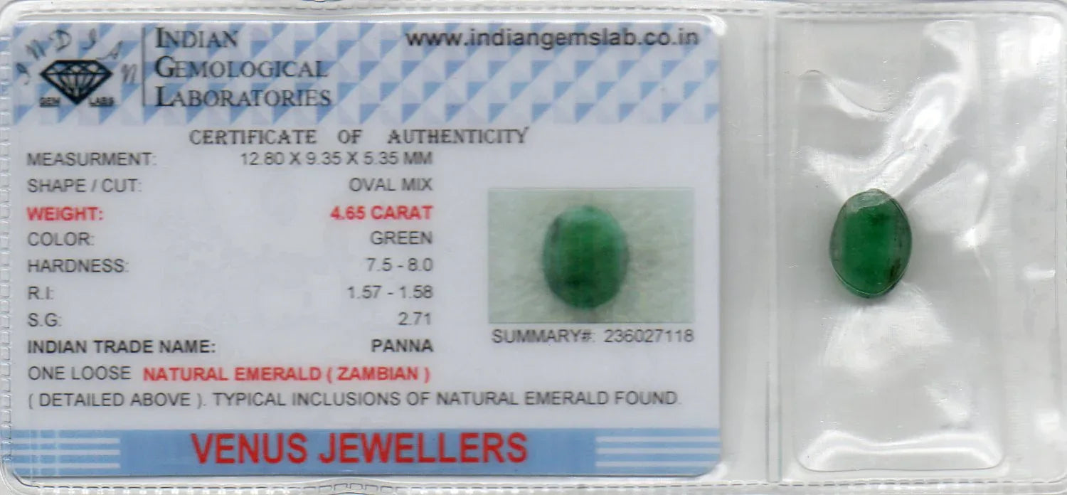 4.65 Ct Certified Untreated Natural Zambian Emerald Panna Gemstone - Venus Gems