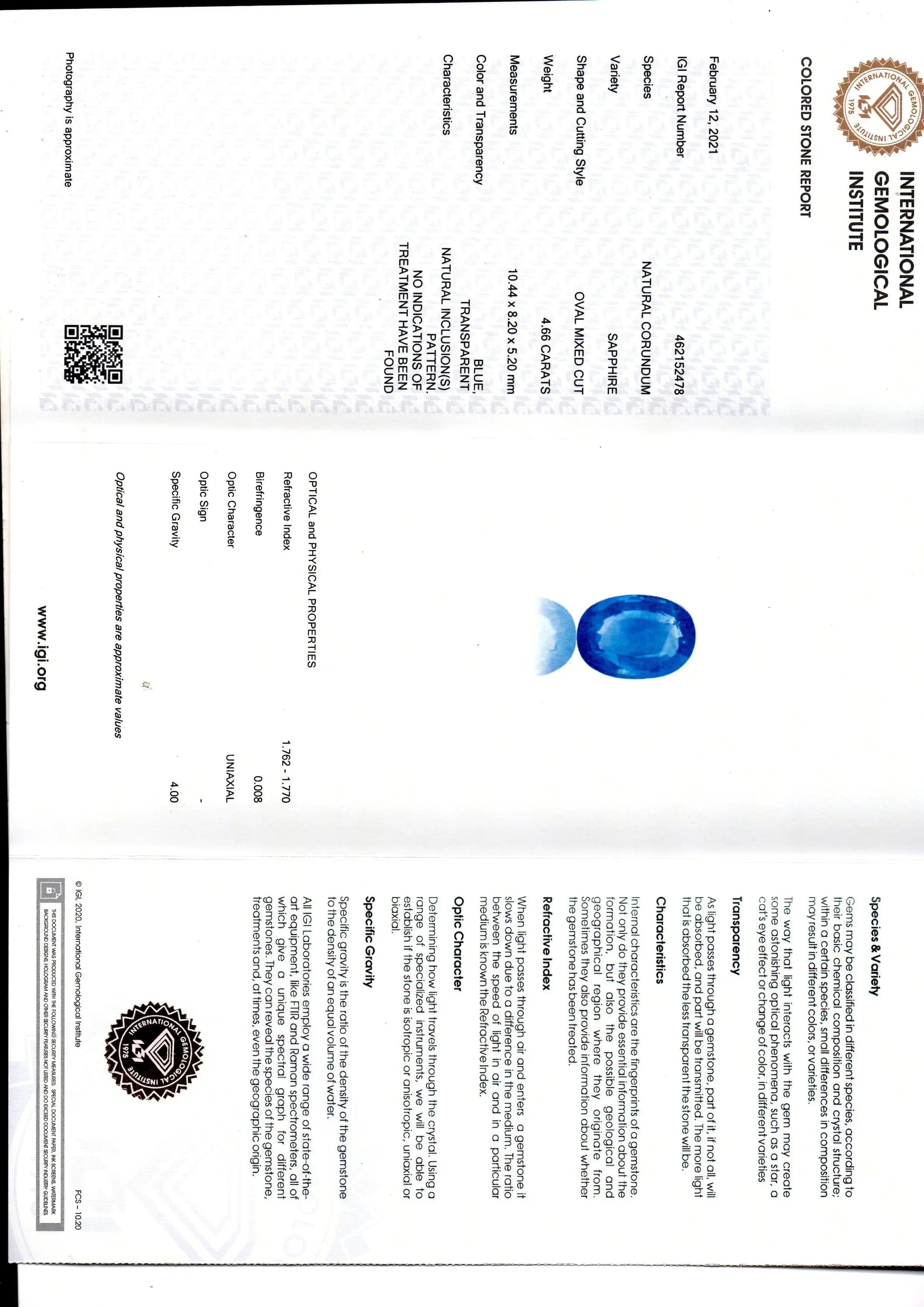 4.66 Ct IGI Certified Unheated Untreated Natural Ceylon Blue Sapphire AA - Venus Gems