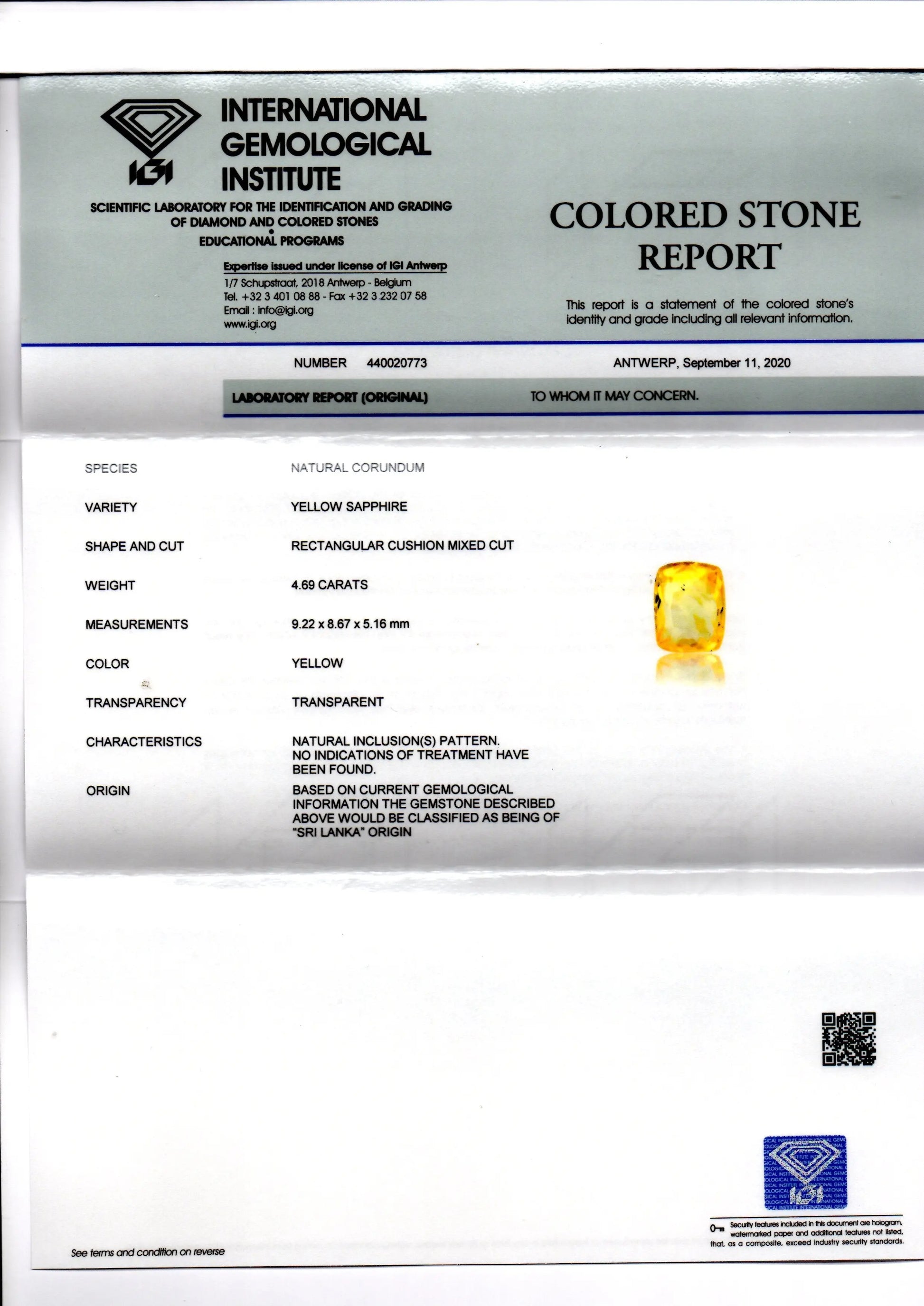 4.69 Ct IGI Certified Unheated Untreated Natural Ceylon Yellow Sapphire AA