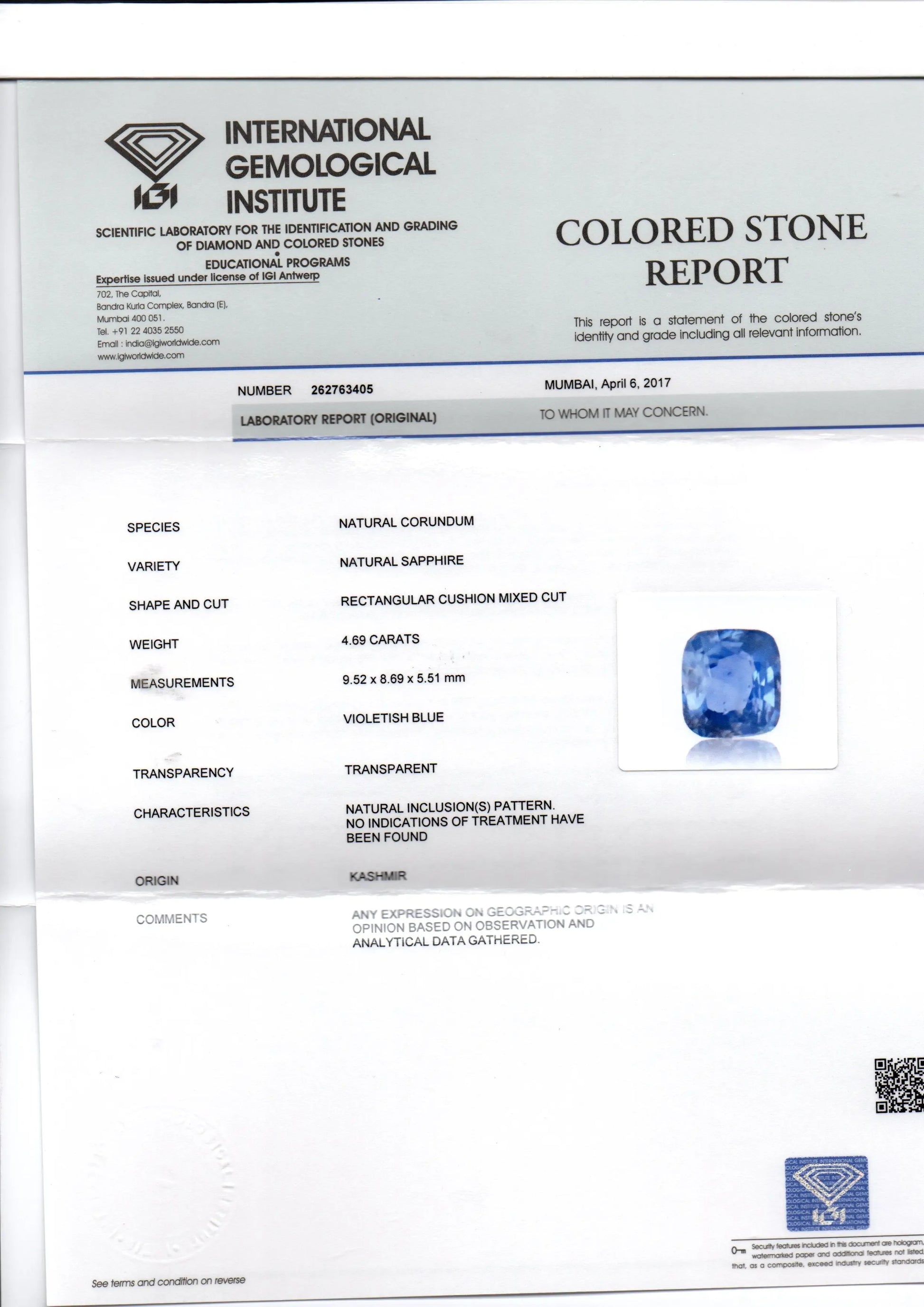 4.69 Ct Unheated Untreated Natural IGI Certified Kashmir Blue Sapphire - Venus Gems