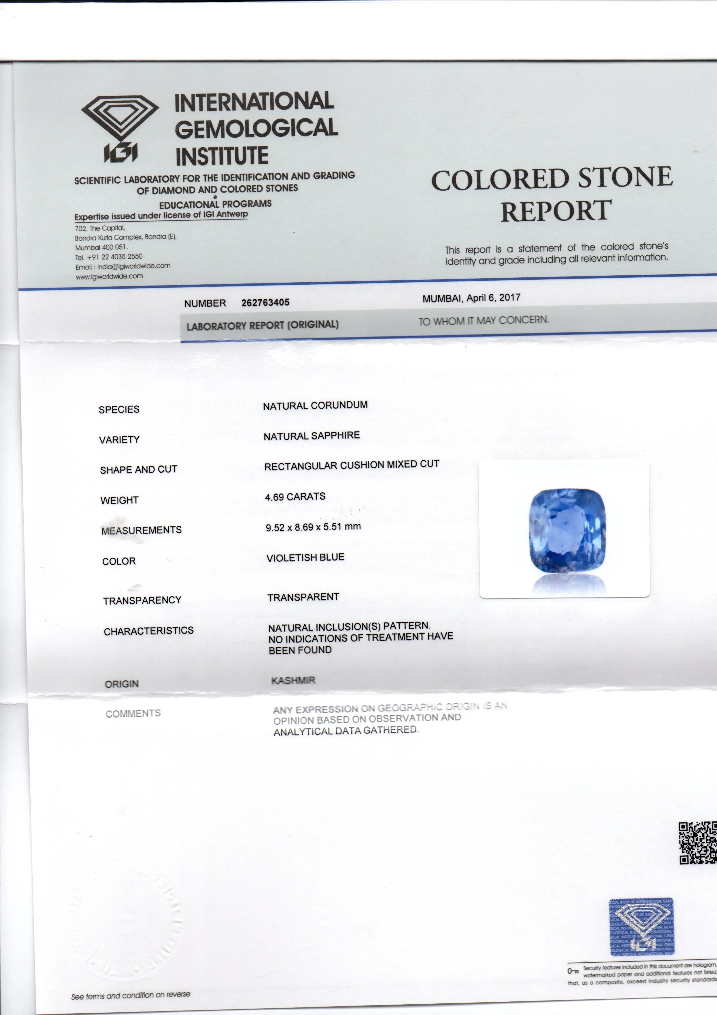 4.69 Ct Unheated Untreated Natural IGI Certified Kashmir Blue Sapphire - Venus Gems