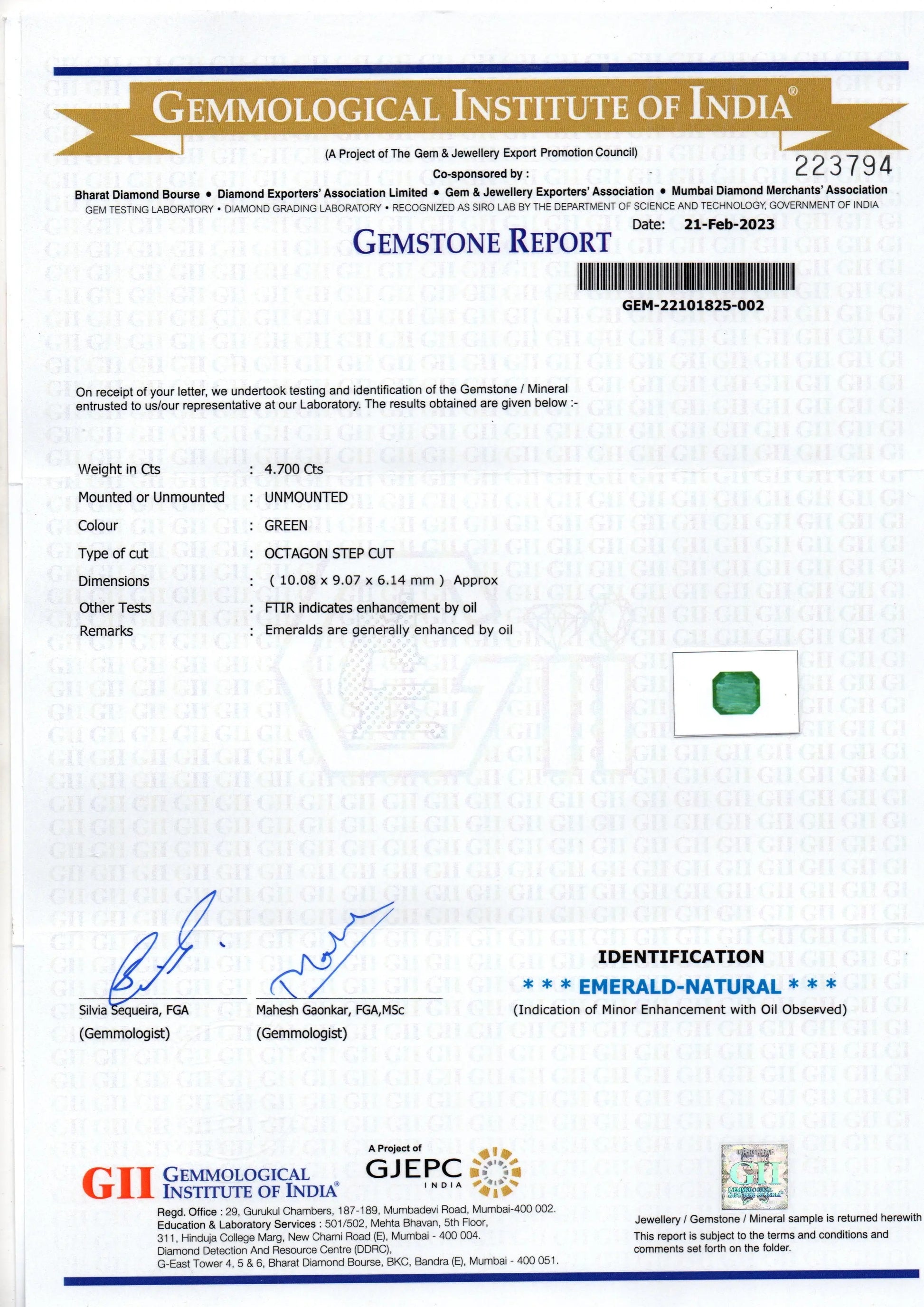 4.70 Ct GII Certified Untreated Natural Zambian Emerald Gemstone Panna AA