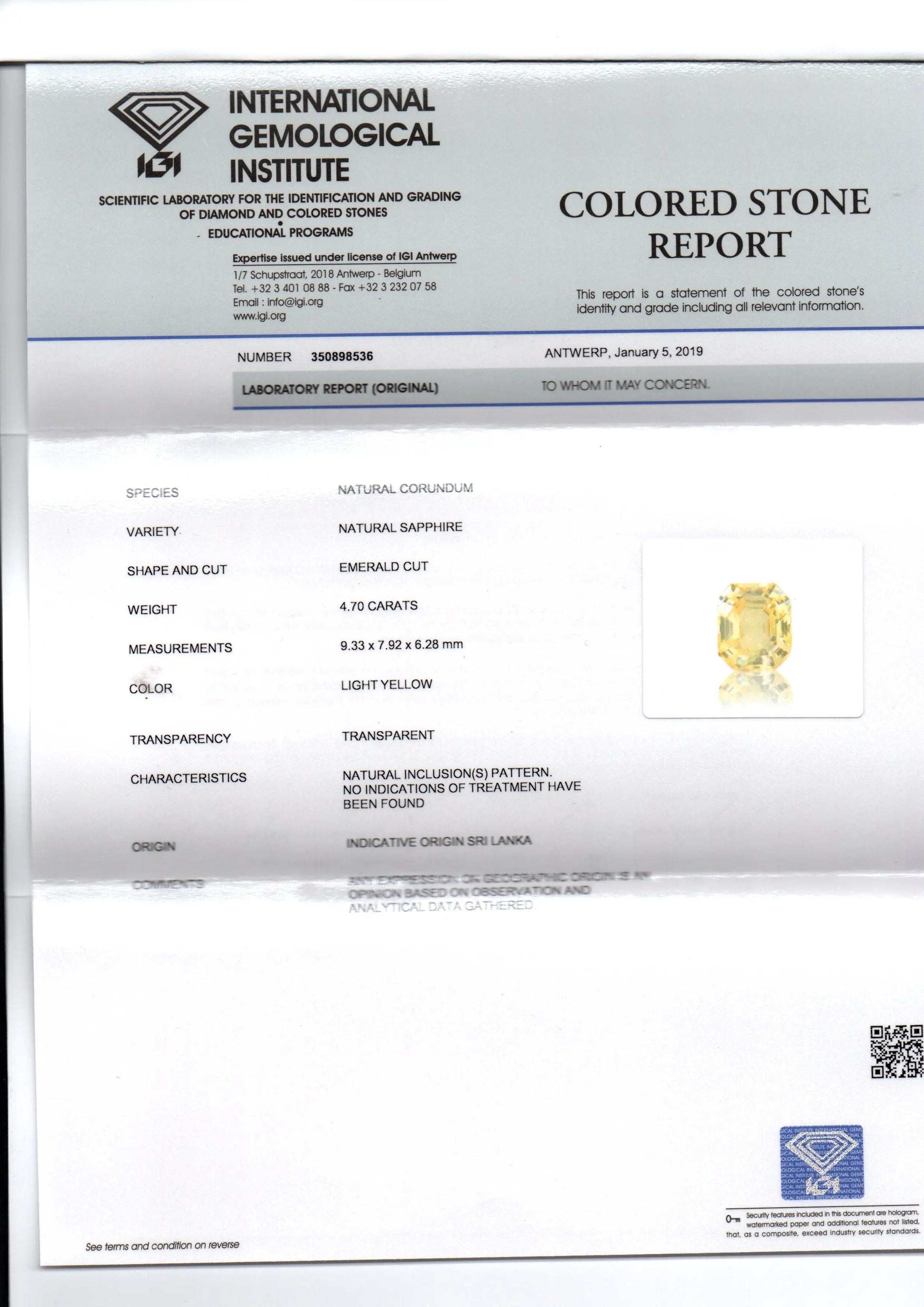 4.70 Ct IGI Certified Unheated Untreated Natural Ceylon Yellow Sapphire AAA