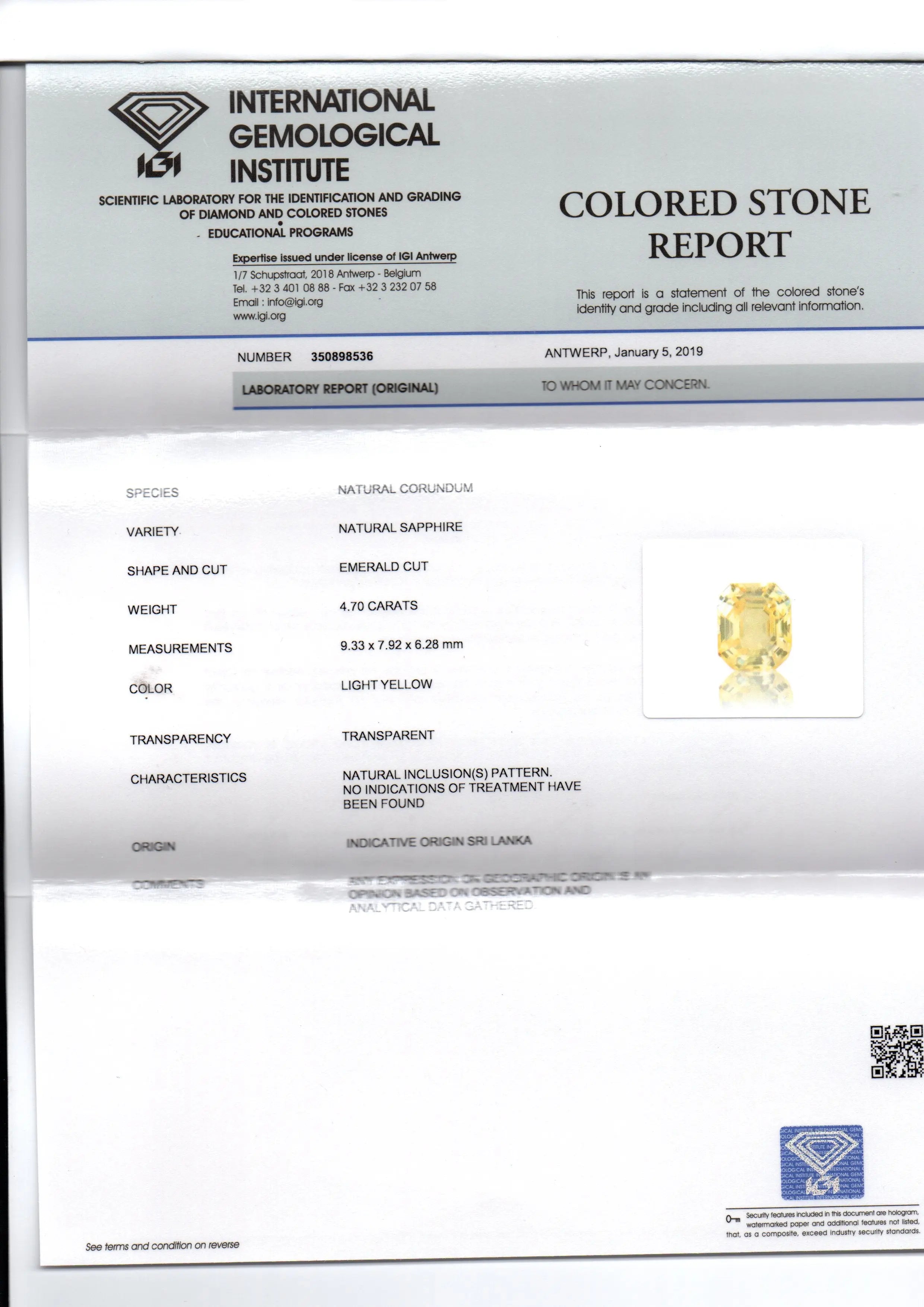 4.70 Ct IGI Certified Unheated Untreated Natural Ceylon Yellow Sapphire AAA