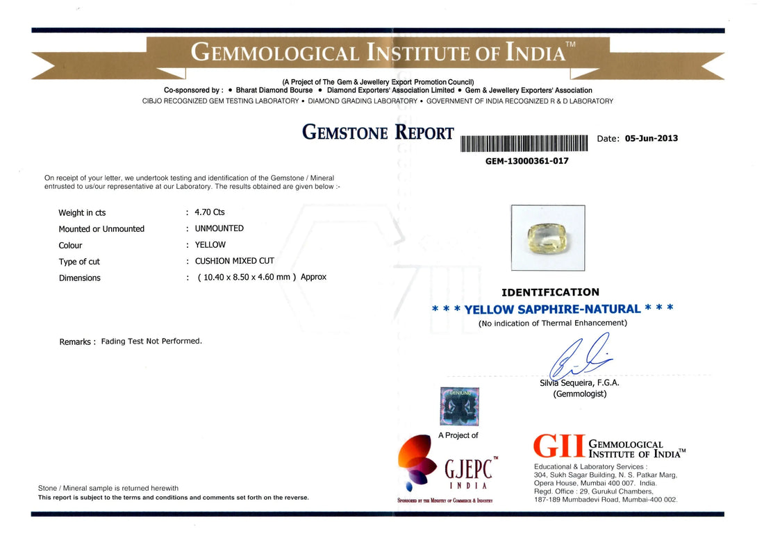 4.70 Ct GII Certified Unheated Natural Ceylon Yellow Sapphire/Pukhraj