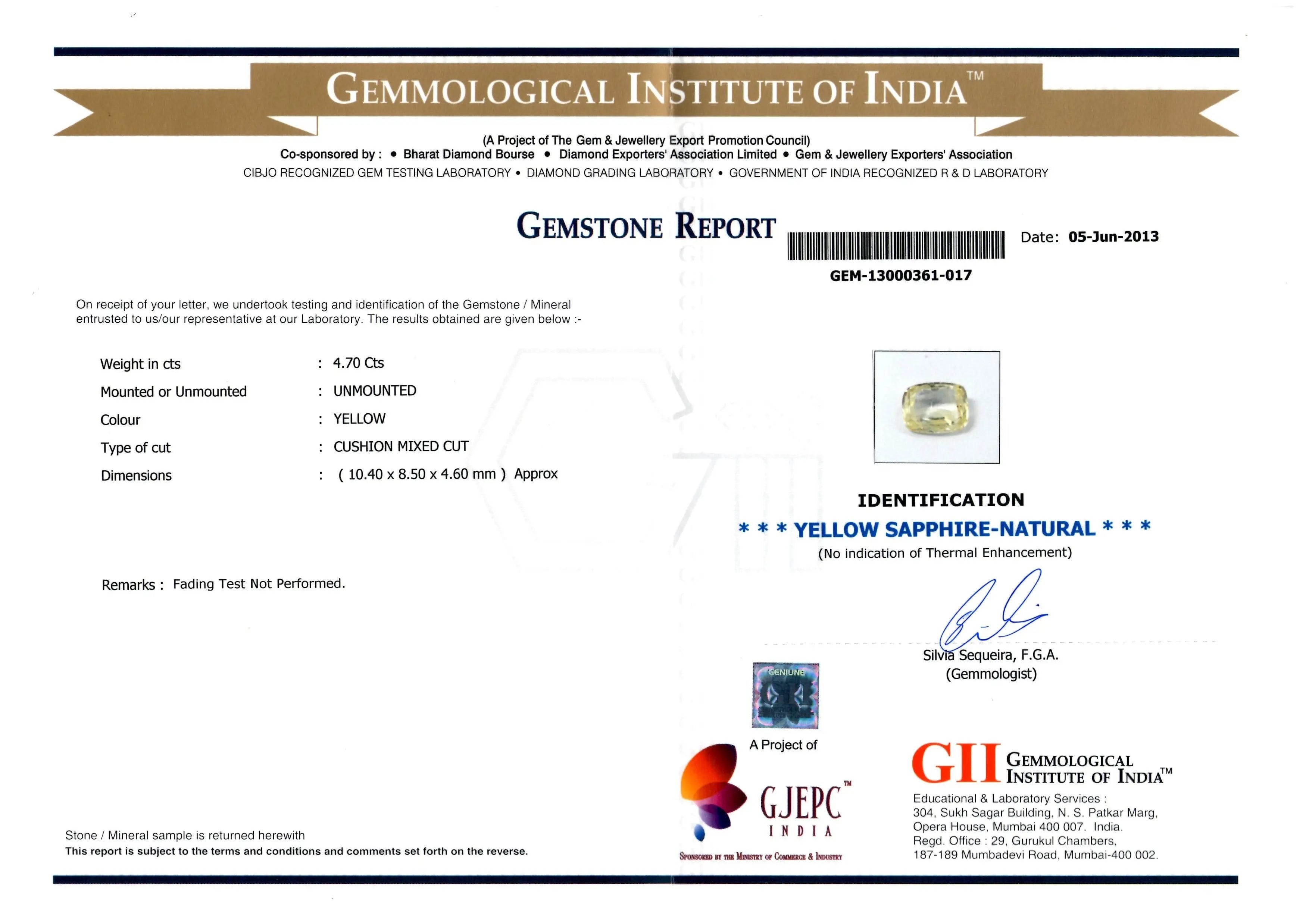 4.70 Ct GII Certified Unheated Natural Ceylon Yellow Sapphire/Pukhraj