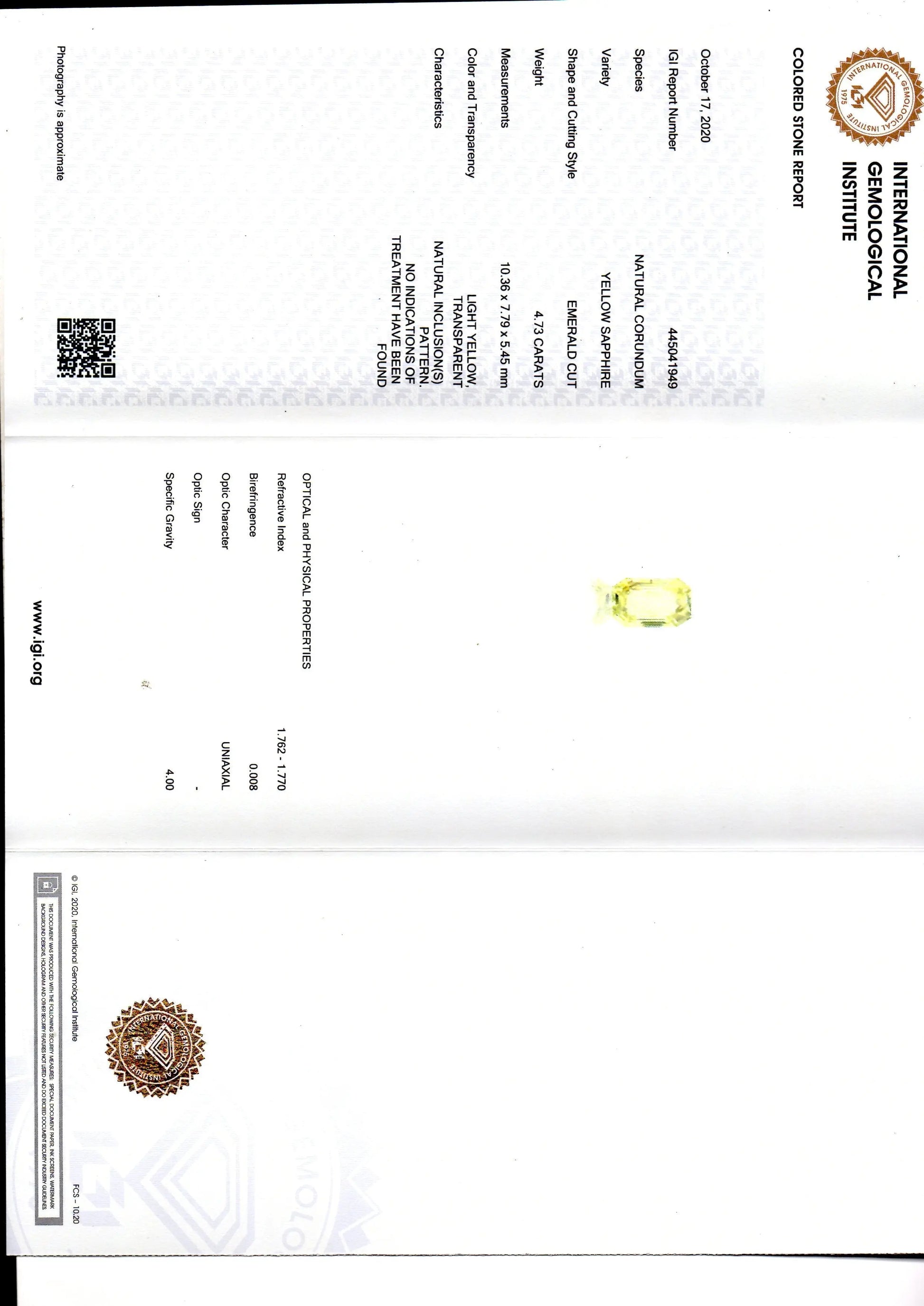 4.73 Ct IGI Certified Unheated Untreated Natural Ceylon Yellow Sapphire