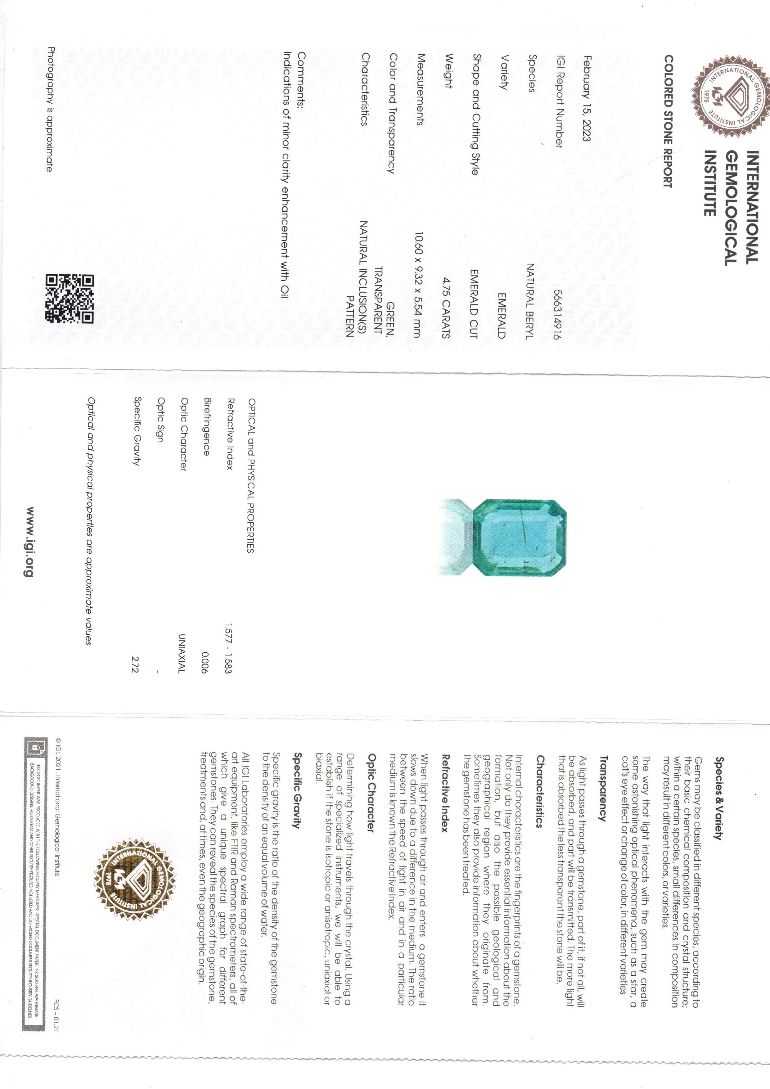 4.75 Ct IGI Certified Untreated Natural Zambian Emerald Gemstone Panna AA