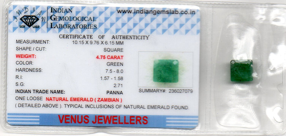 4.75 Ct Certified Untreated Natural Zambian Emerald Panna Gemstone