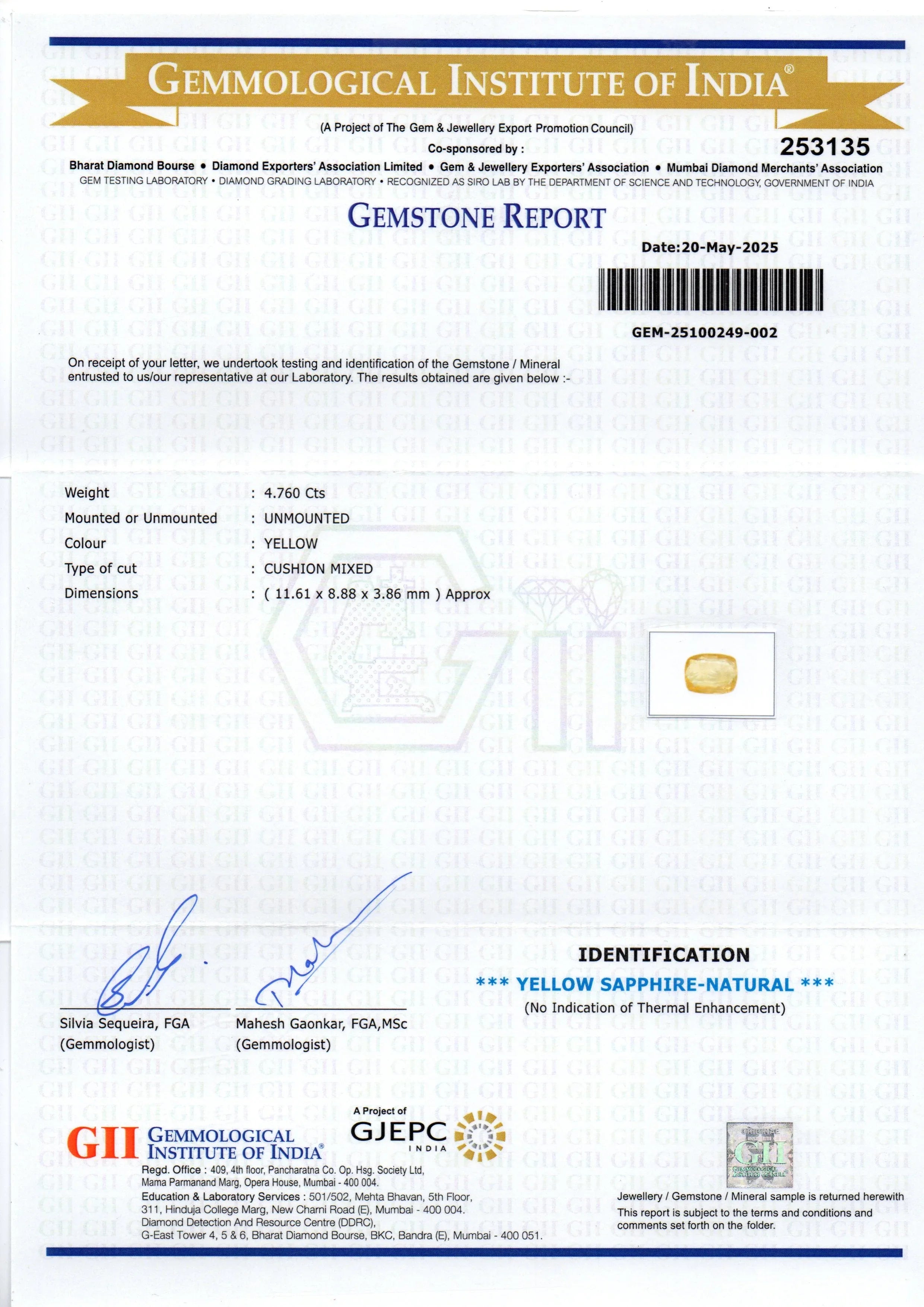 4.76 Ct GII Certified Unheated Untreated Natural Ceylon Yellow Sapphire - Venus Gems