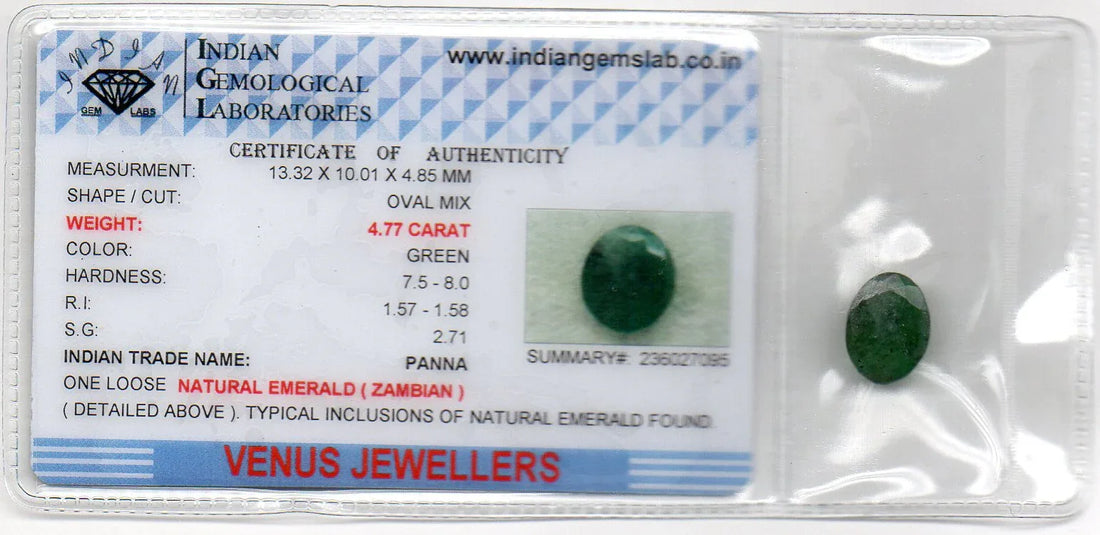 4.77 Ct Certified Untreated Natural Zambian Emerald Panna Gemstone - Venus Gems