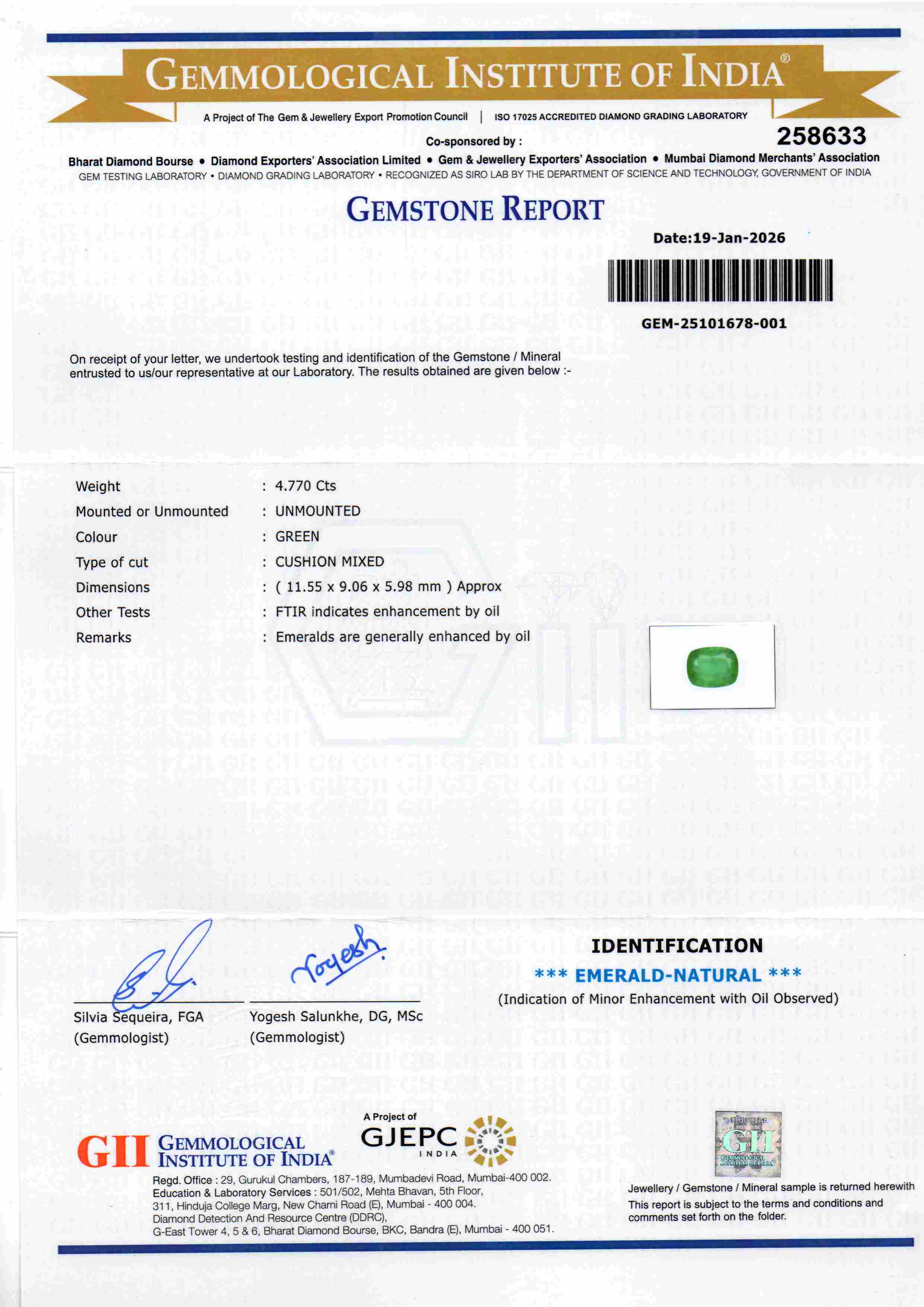 Gemstone report for 4.77 Carat GII Certified Natural Zambian Emerald, untreated, unmounted, with details on weight and color.