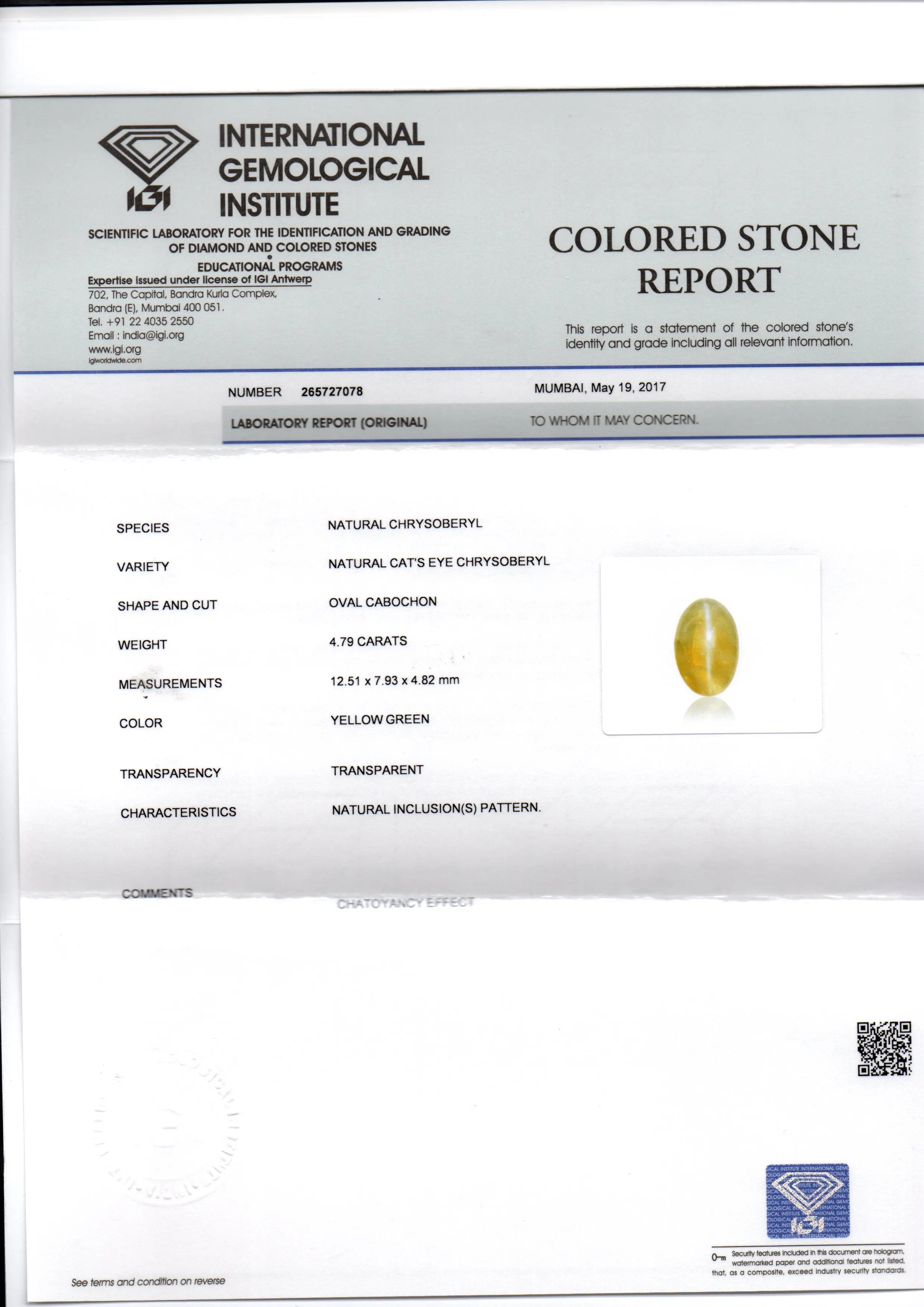 4.79 Ct IGI Certified Untreated Natural Ceylon Chrysoberyl Cats Eye Stone
