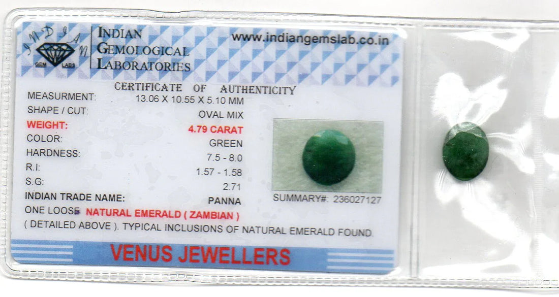 4.79 Ct Certified Untreated Natural Zambian Emerald Panna Gemstone - Venus Gems