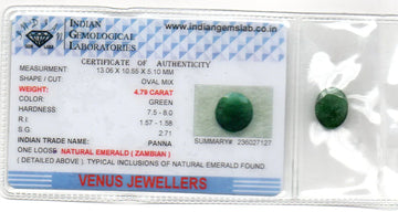 4.79 Ct Certified Untreated Natural Zambian Emerald Panna Gemstone - Venus Gems