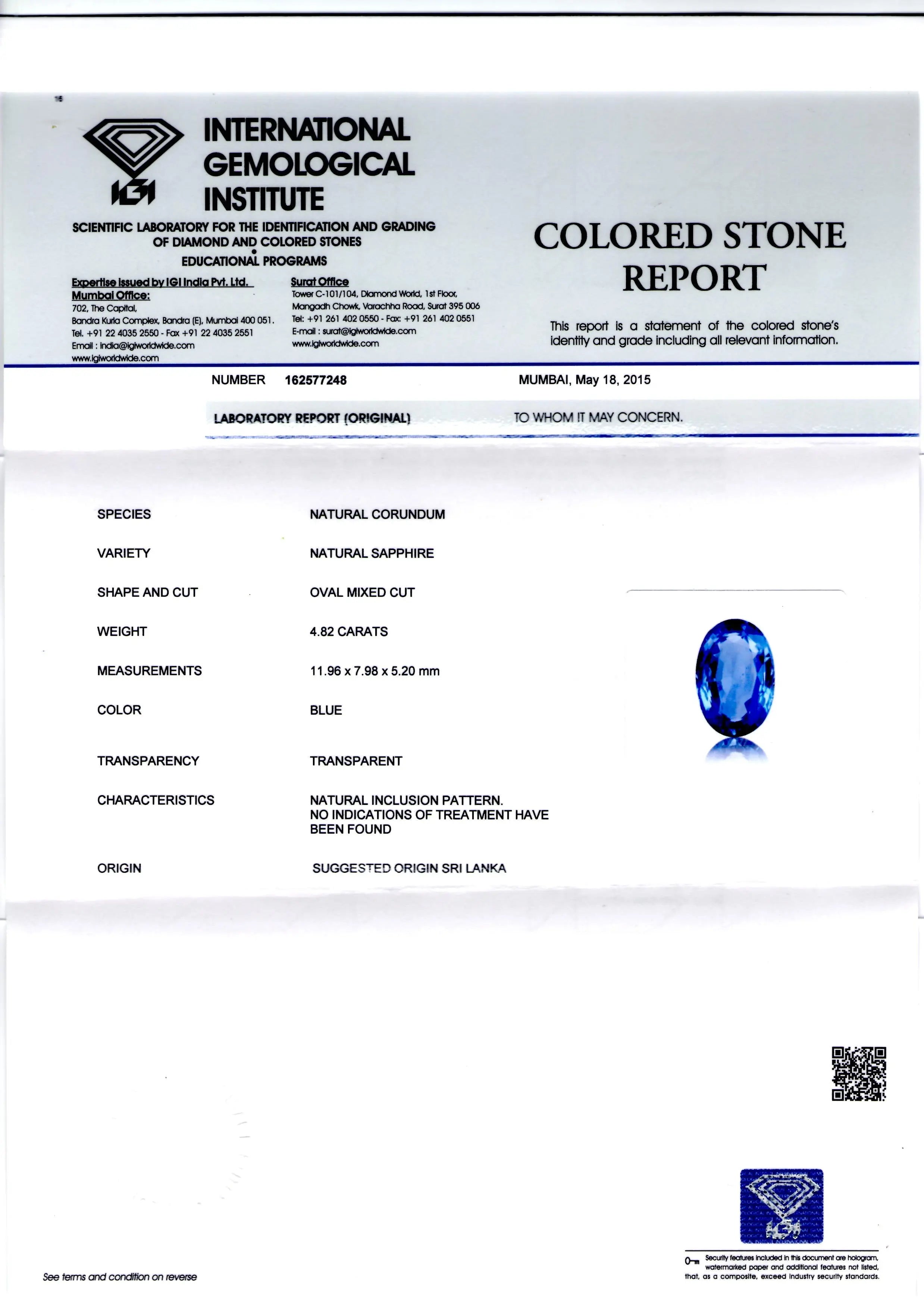 4.82 Ct Unheated Untreated Natural Ceylon Blue Sapphire Neelam AAA