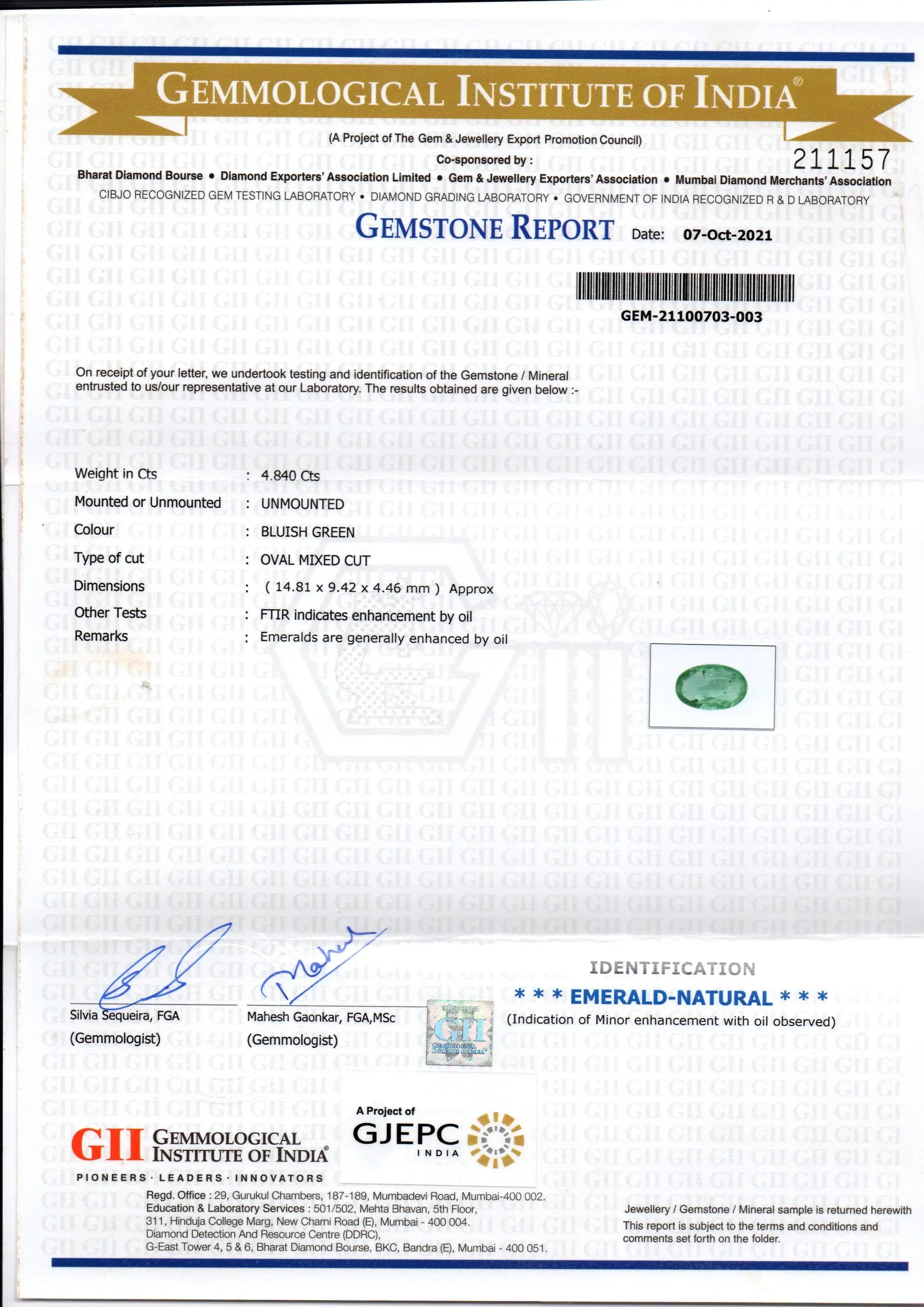 4.84 Ct GII Certified Untreated Natural Zambian Emerald Gemstones - Venus Gems