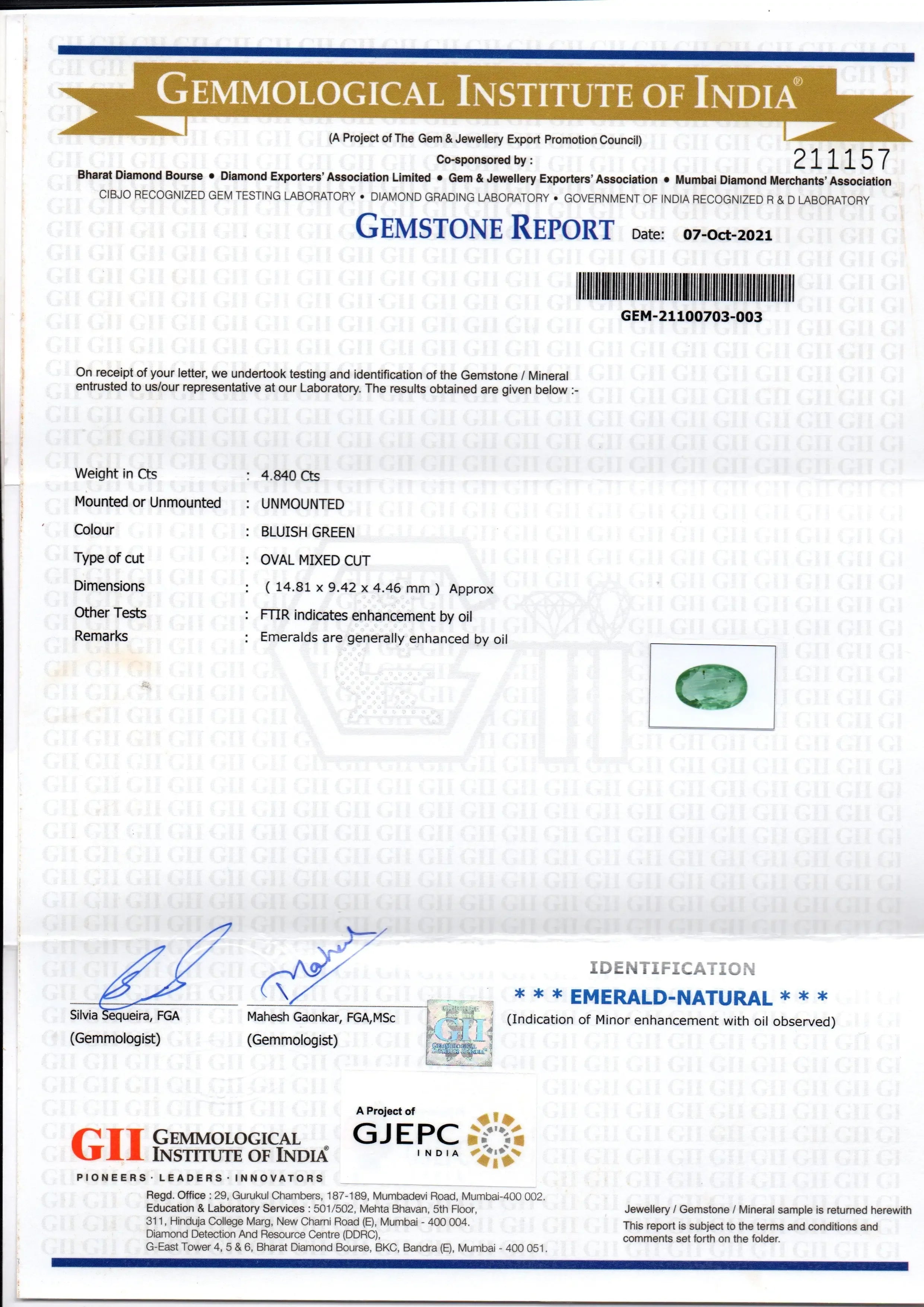 4.84 Ct GII Certified Untreated Natural Zambian Emerald Gemstones - Venus Gems