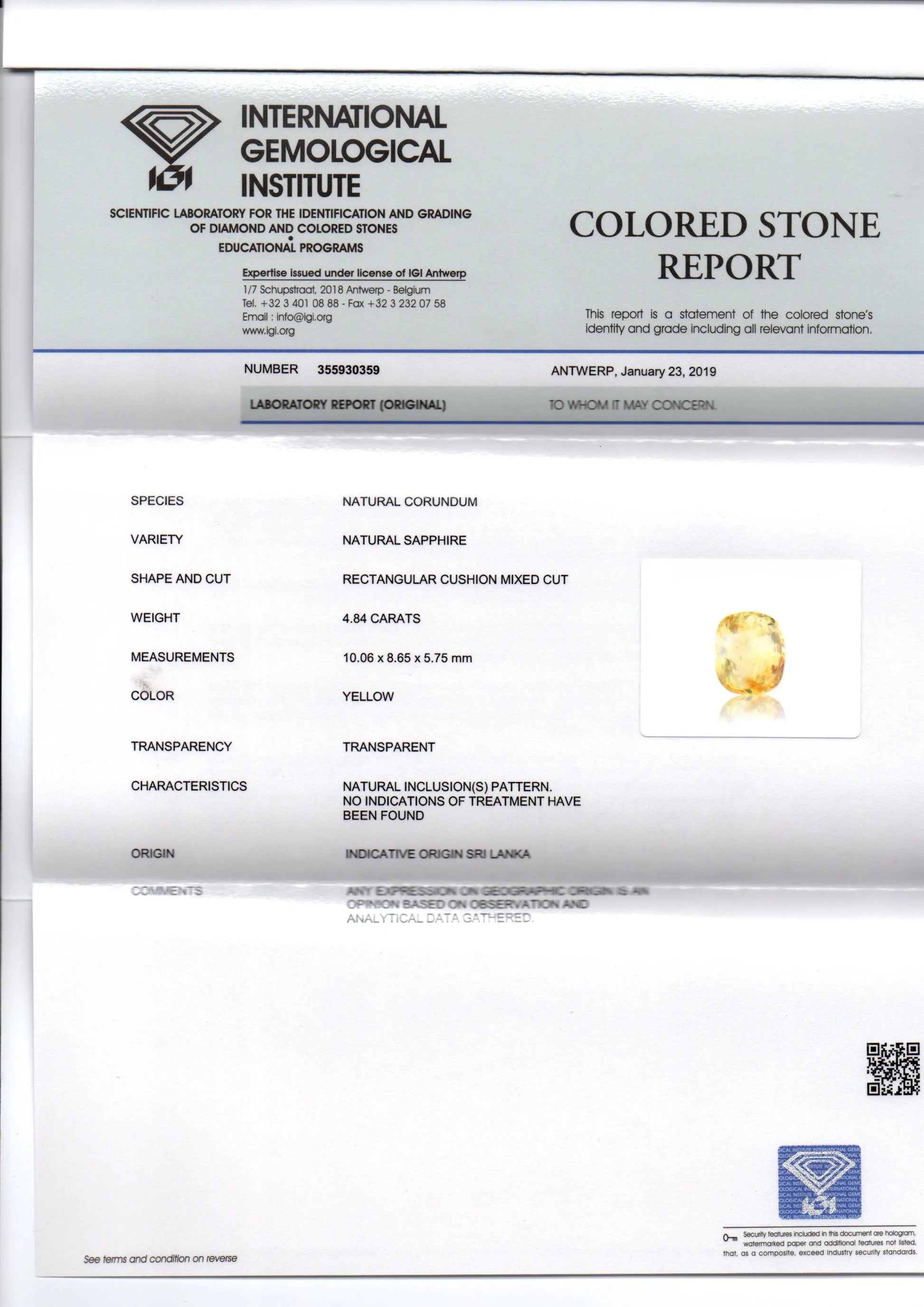 4.84 Ct IGI Certified Unheated Untreted Natural Ceylon Yellow Sapphire