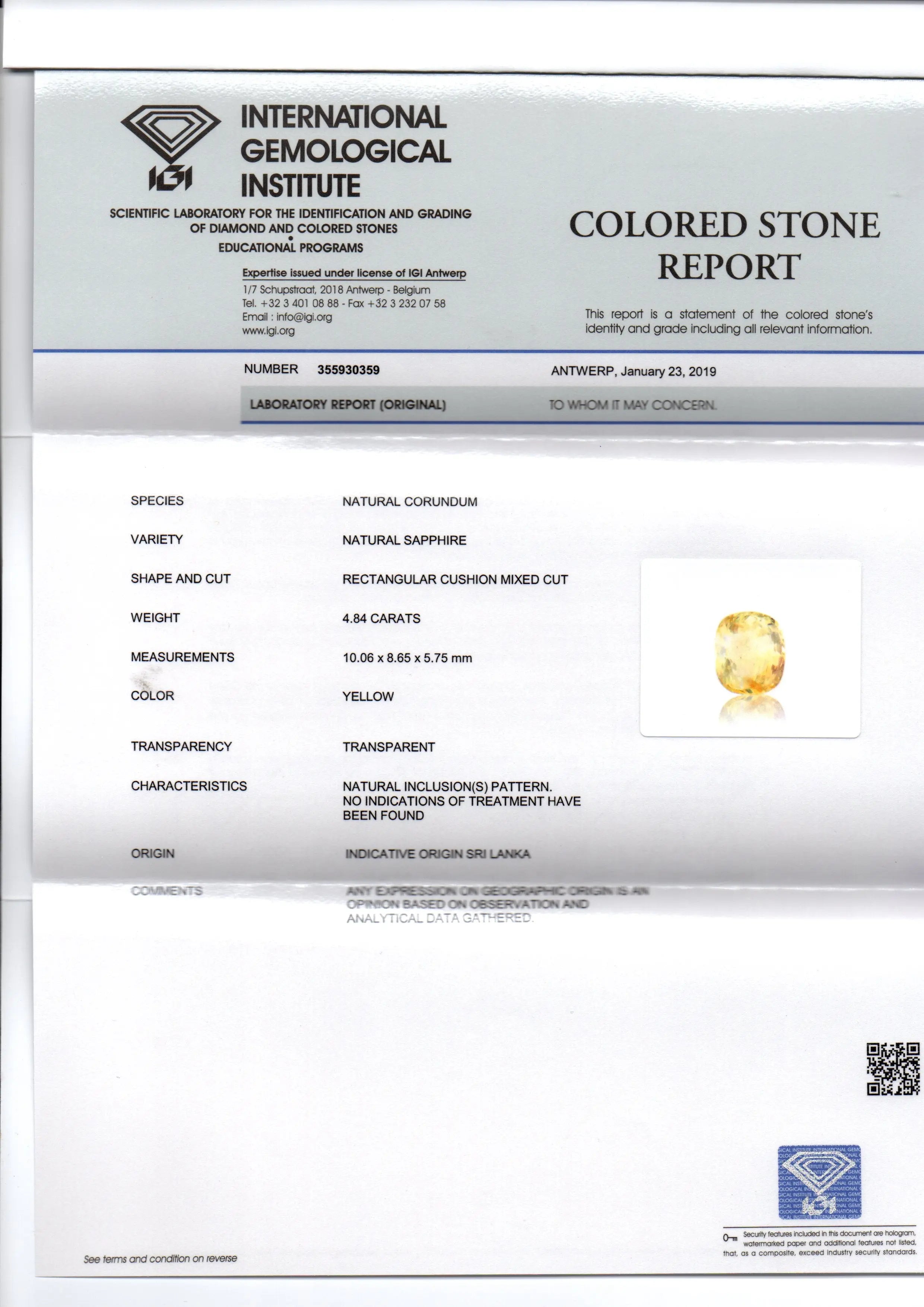 4.84 Ct IGI Certified Unheated Untreted Natural Ceylon Yellow Sapphire