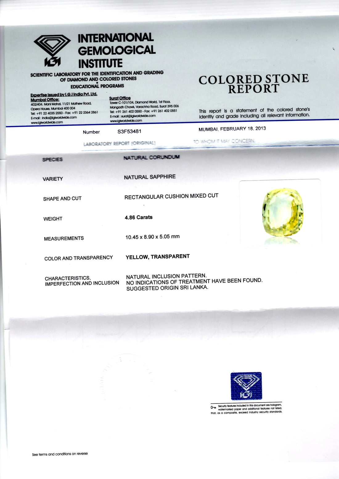 4.86 Ct IGI Certified Unheated Untreated Natural Ceylon Yellow Sapphire