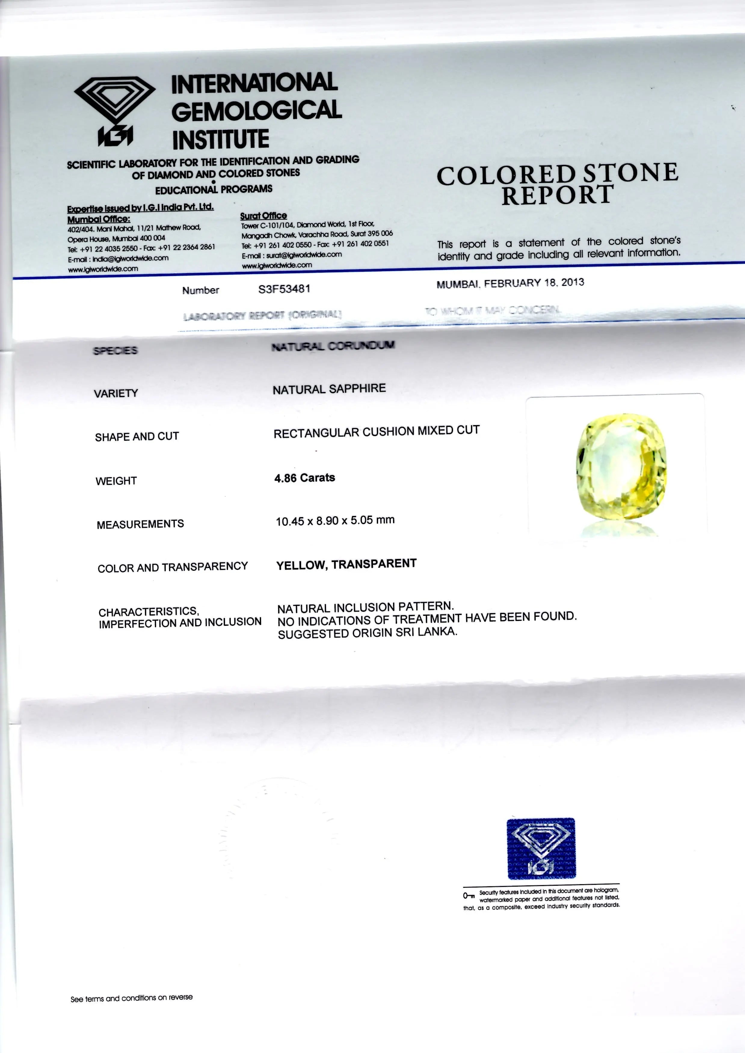 4.86 Ct IGI Certified Unheated Untreated Natural Ceylon Yellow Sapphire