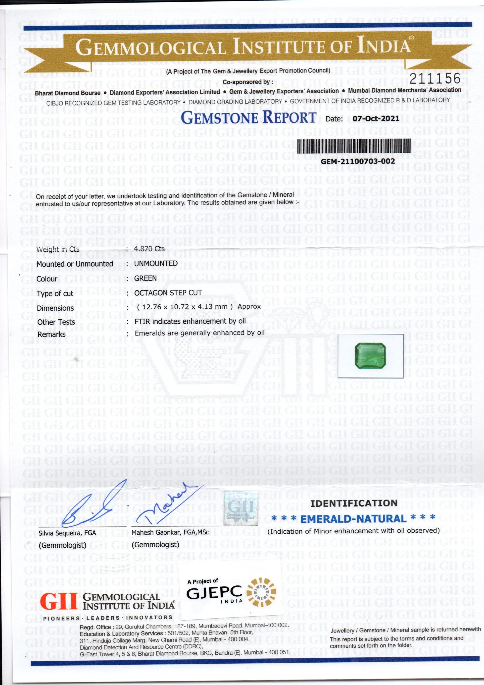 4.87 Ct GII Certified Untreated Natural Zambian Emerald Gemstones - Venus Gems