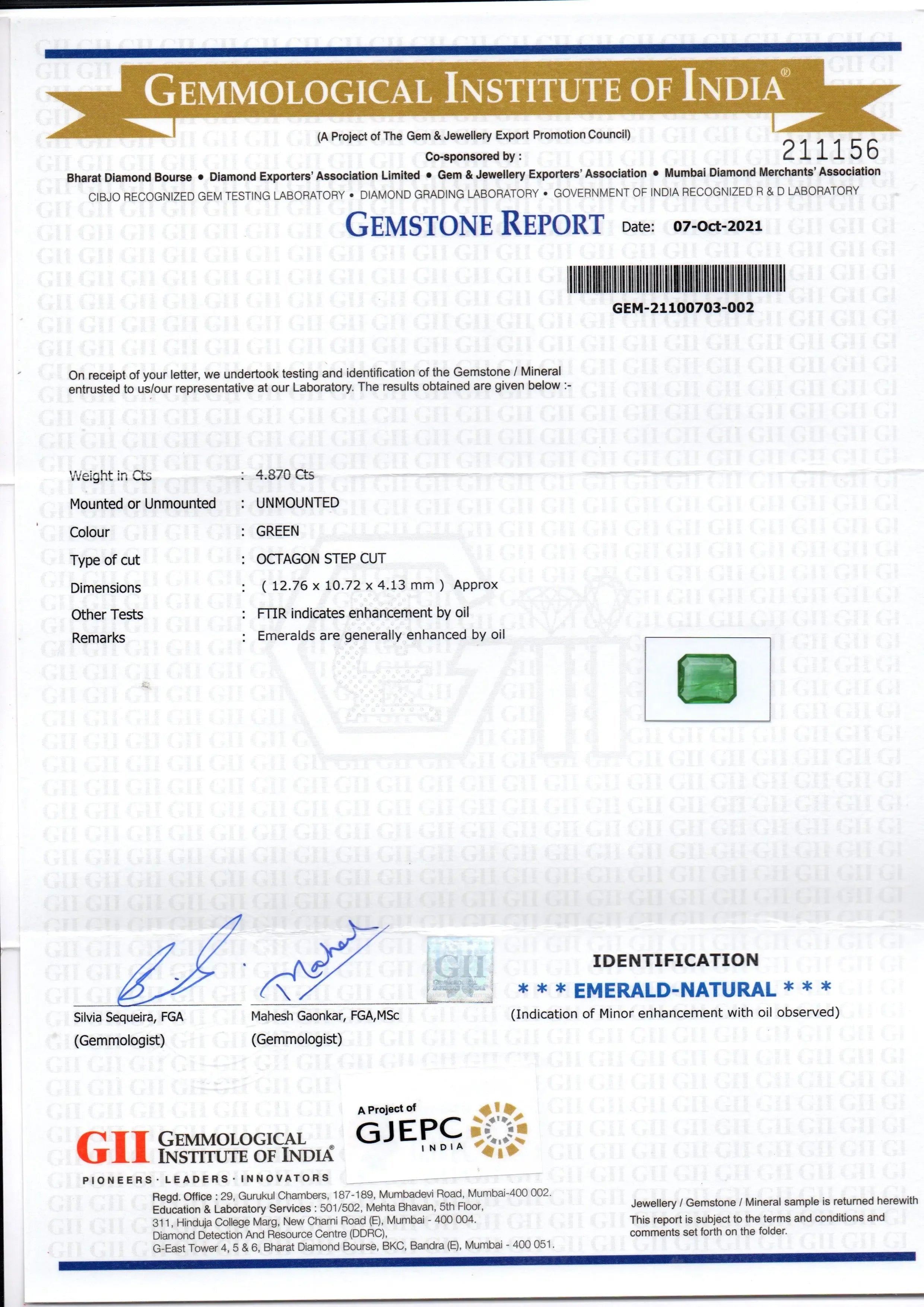 4.87 Ct GII Certified Untreated Natural Zambian Emerald Gemstones - Venus Gems