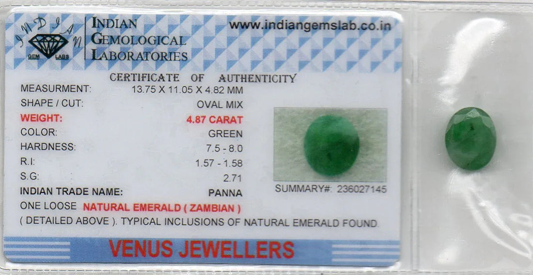 4.87 Ct Certified Untreated Natural Zambian Emerald Panna Gemstone - Venus Gems
