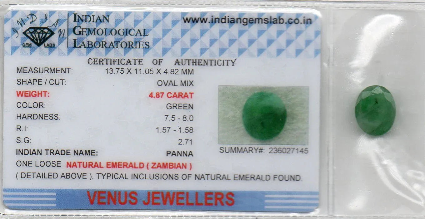 4.87 Ct Certified Untreated Natural Zambian Emerald Panna Gemstone - Venus Gems